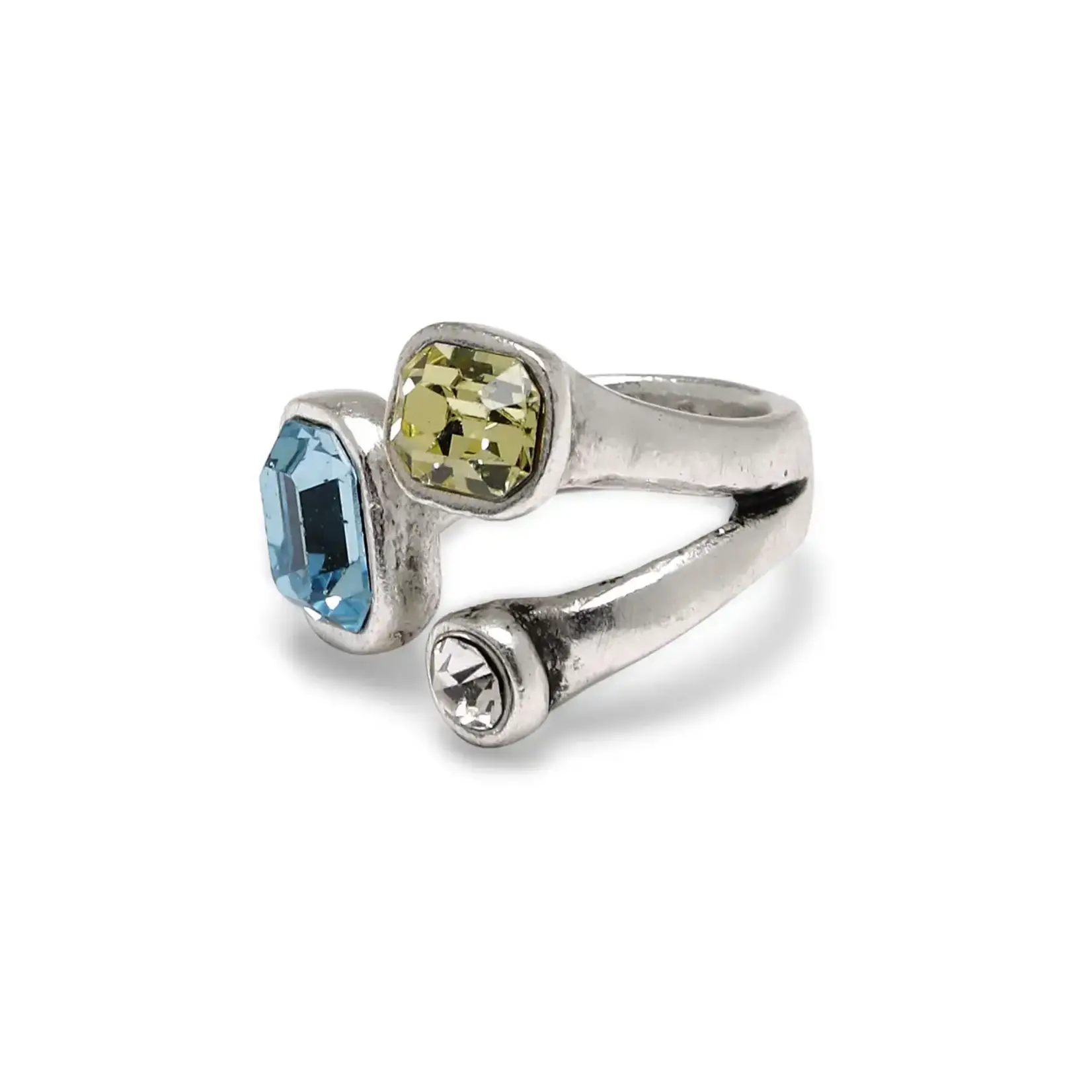 Chanour Handmade Brass/Slvr Plated Ring w/Yellow & Blue Crystals
