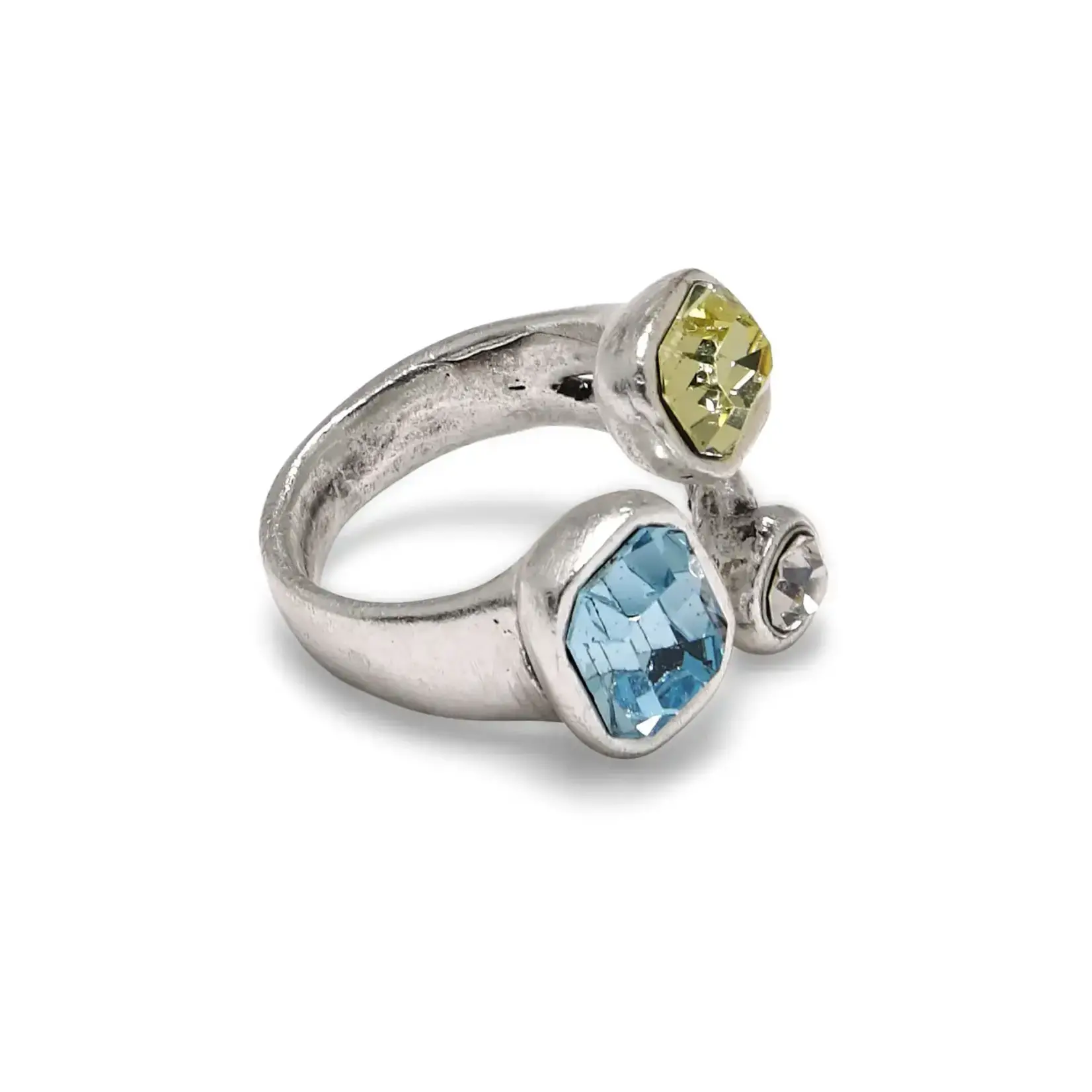 Chanour Handmade Brass/Slvr Plated Ring w/Yellow & Blue Crystals