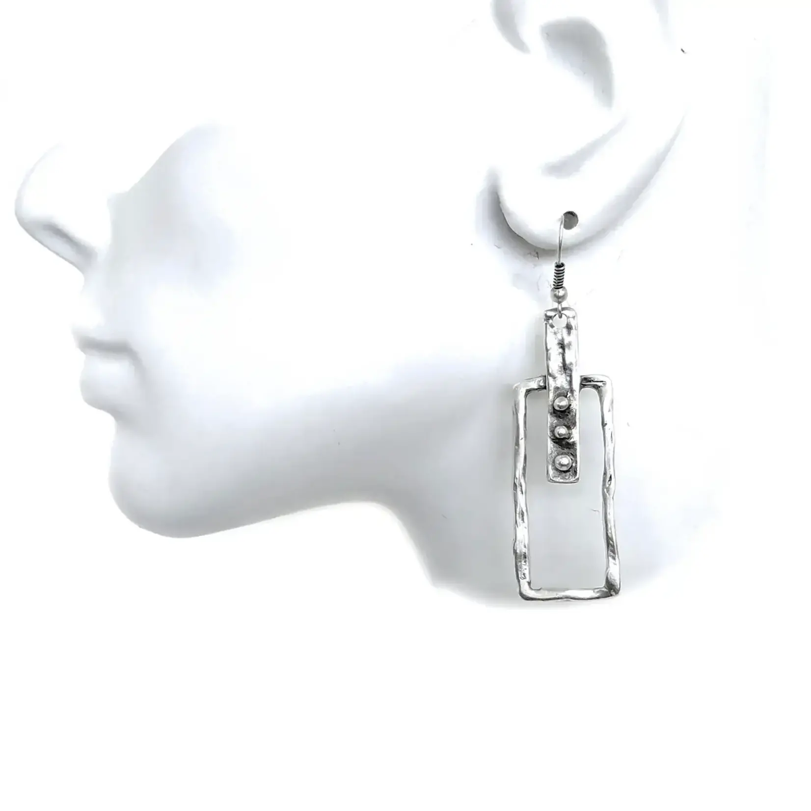 Chanour Handmade Pewter/Slvr Plated Rectangle & Dots Earrings