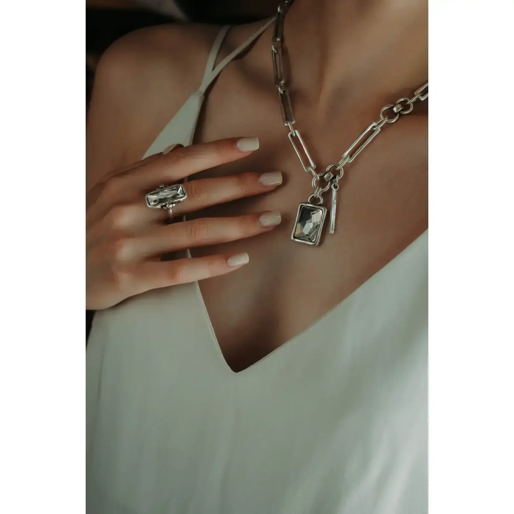 Chanour Handmade Adjustable Pewter Rectangle Ring w/Crystal