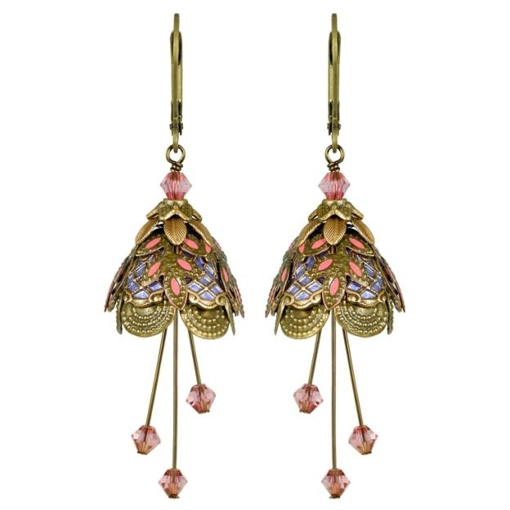 NoMonet Flower Fairy Art Deco Earrings w/Crystals in Gold/Lavender/Pink
