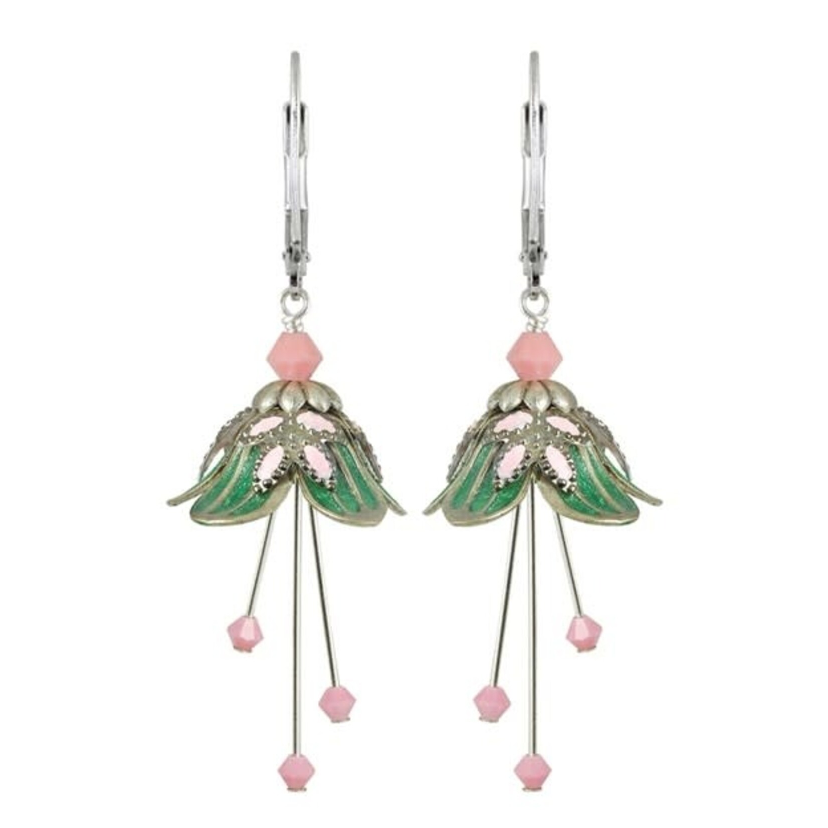 NoMonet Flower Fairy Delicate Flower Earrings w/Crystals in Silver/Green/Pink