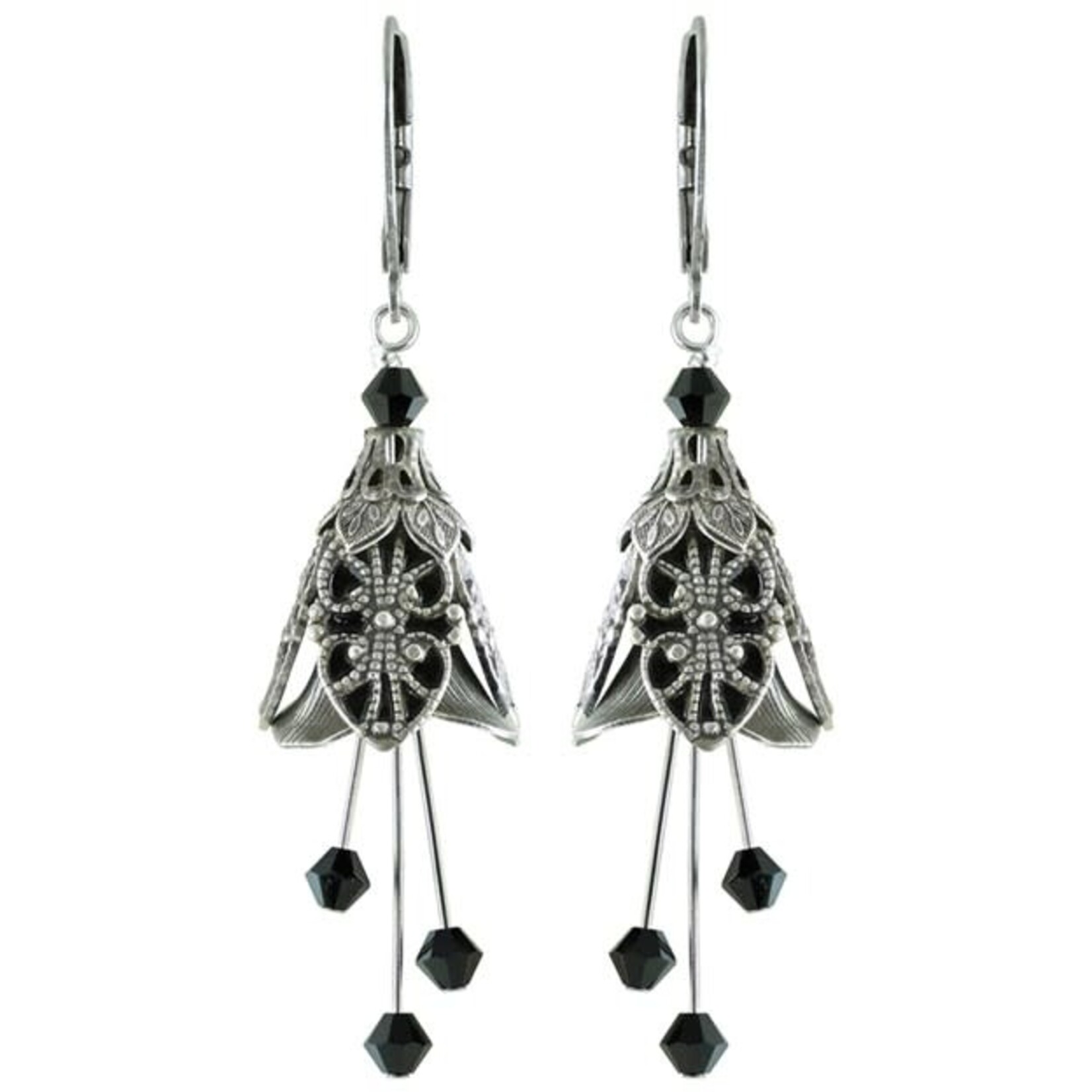 NoMonet Flower Fairy Vintage Filigree Earrings w/ Crystals in Silver & Black