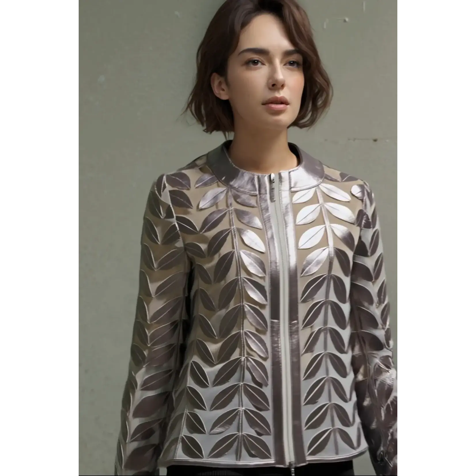 Ellyndale Faux Leather Leaves Jacket in Silver Gunmetal