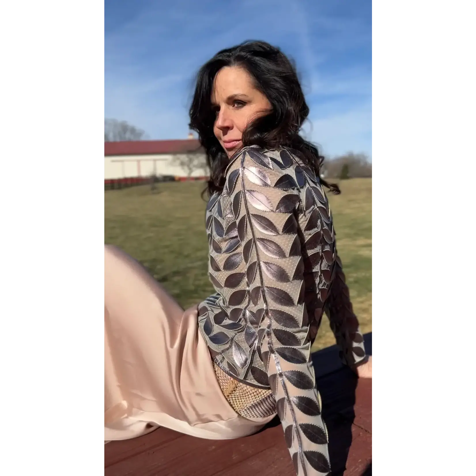 Ellyndale Faux Leather Leaves Jacket in Silver Gunmetal