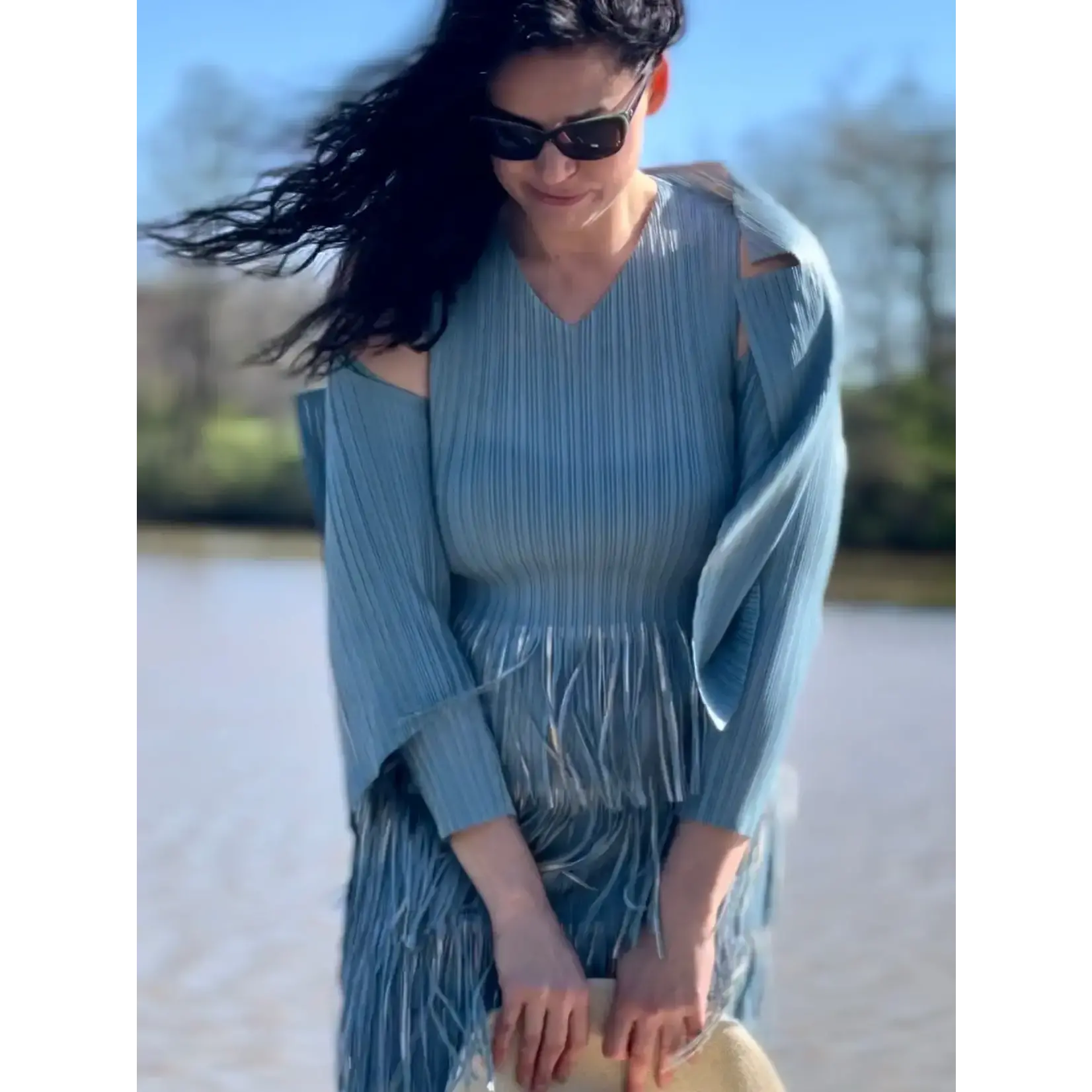 Ellyndale Pleating w/Fringe Dress in Blue One Size