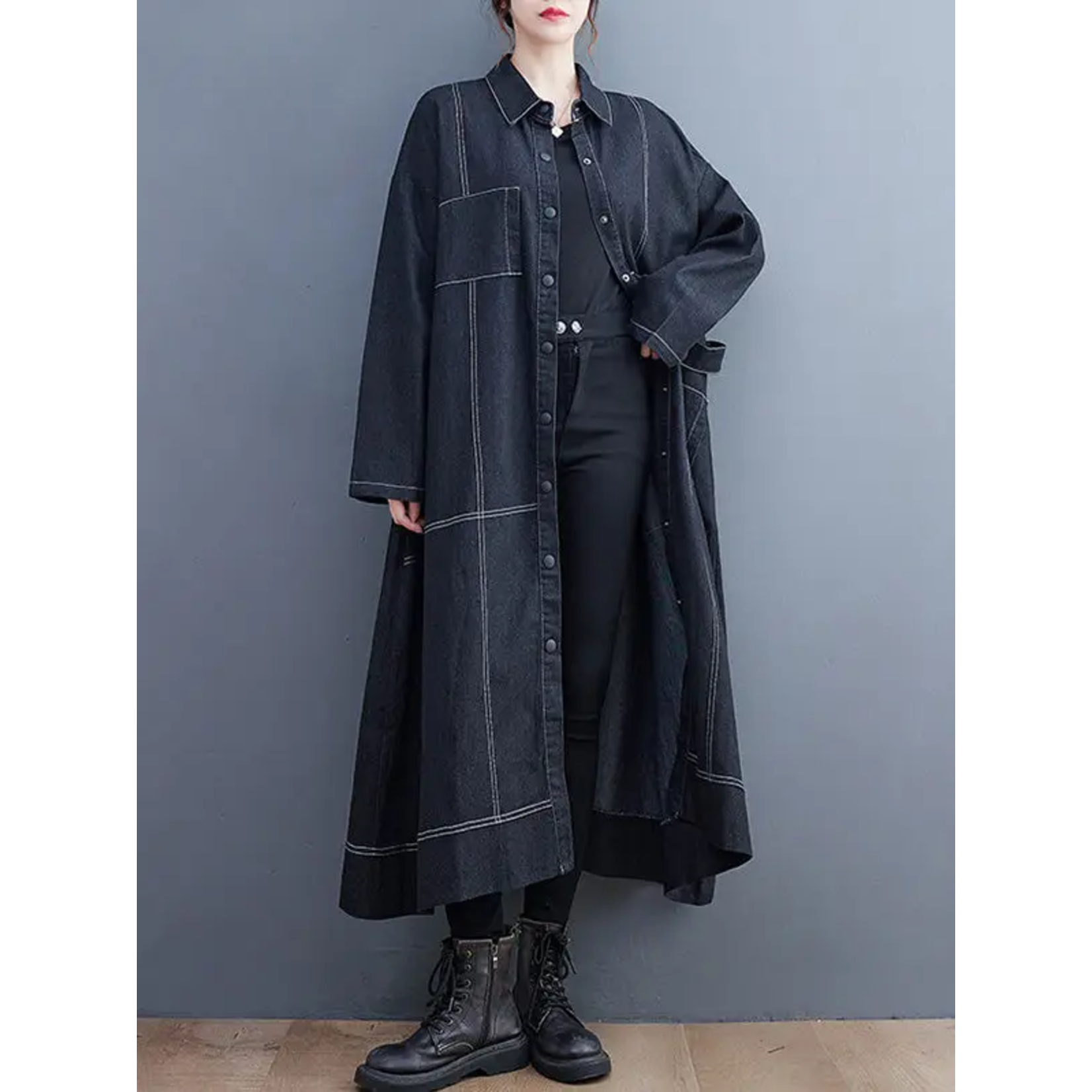 Loose Long Slv Denim Trench Coat in Black OS