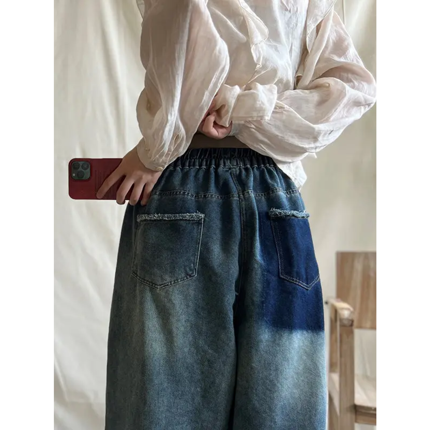 Contrast Color Elasticity Pockets Wide Leg Jeans in Blue OS