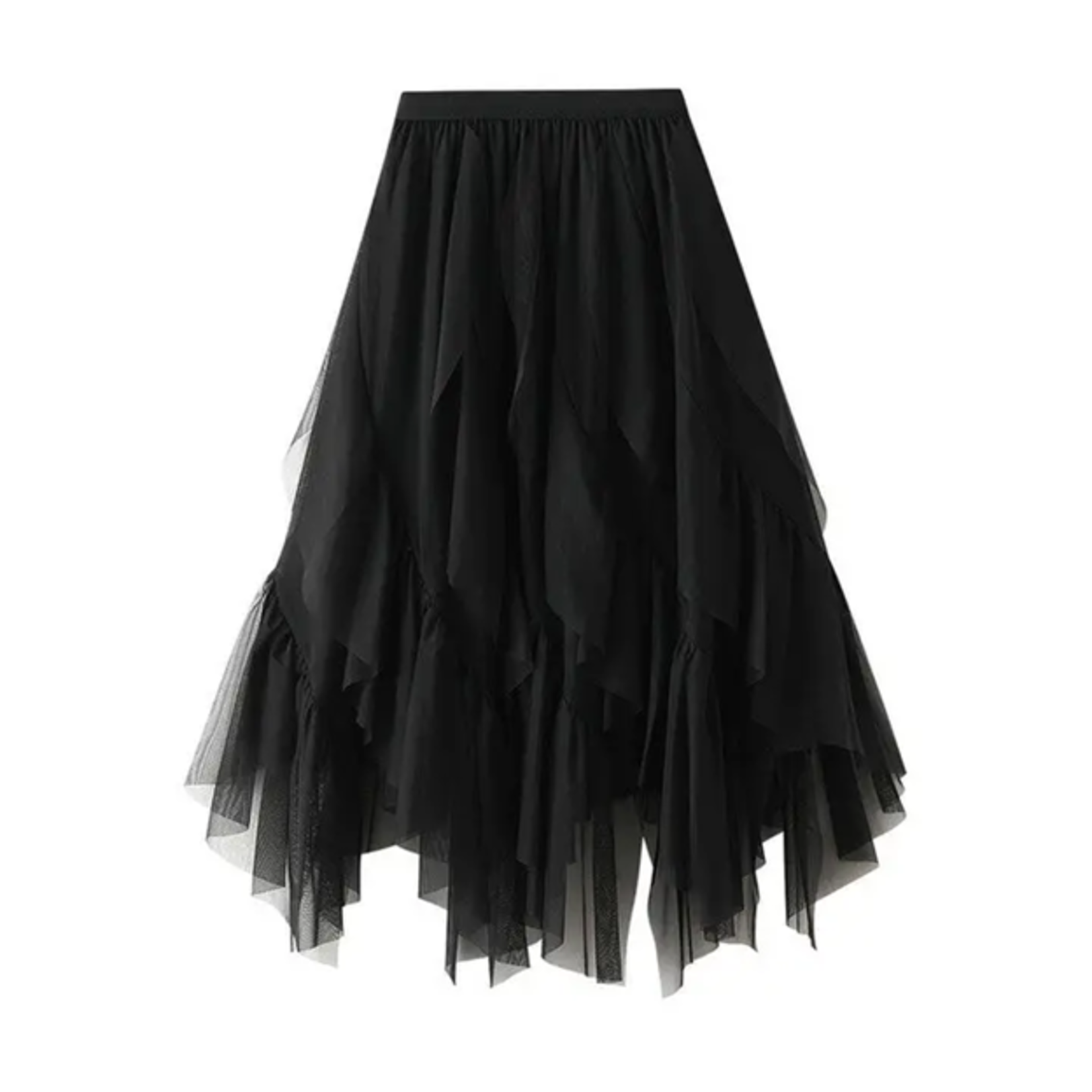 Elastic Waist Mesh Skirt w/ Irregular Ruffled Hem in Black OS
