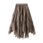 Elastic Waist Mesh Skirt w/ Irregular Ruffled Hem in Khaki