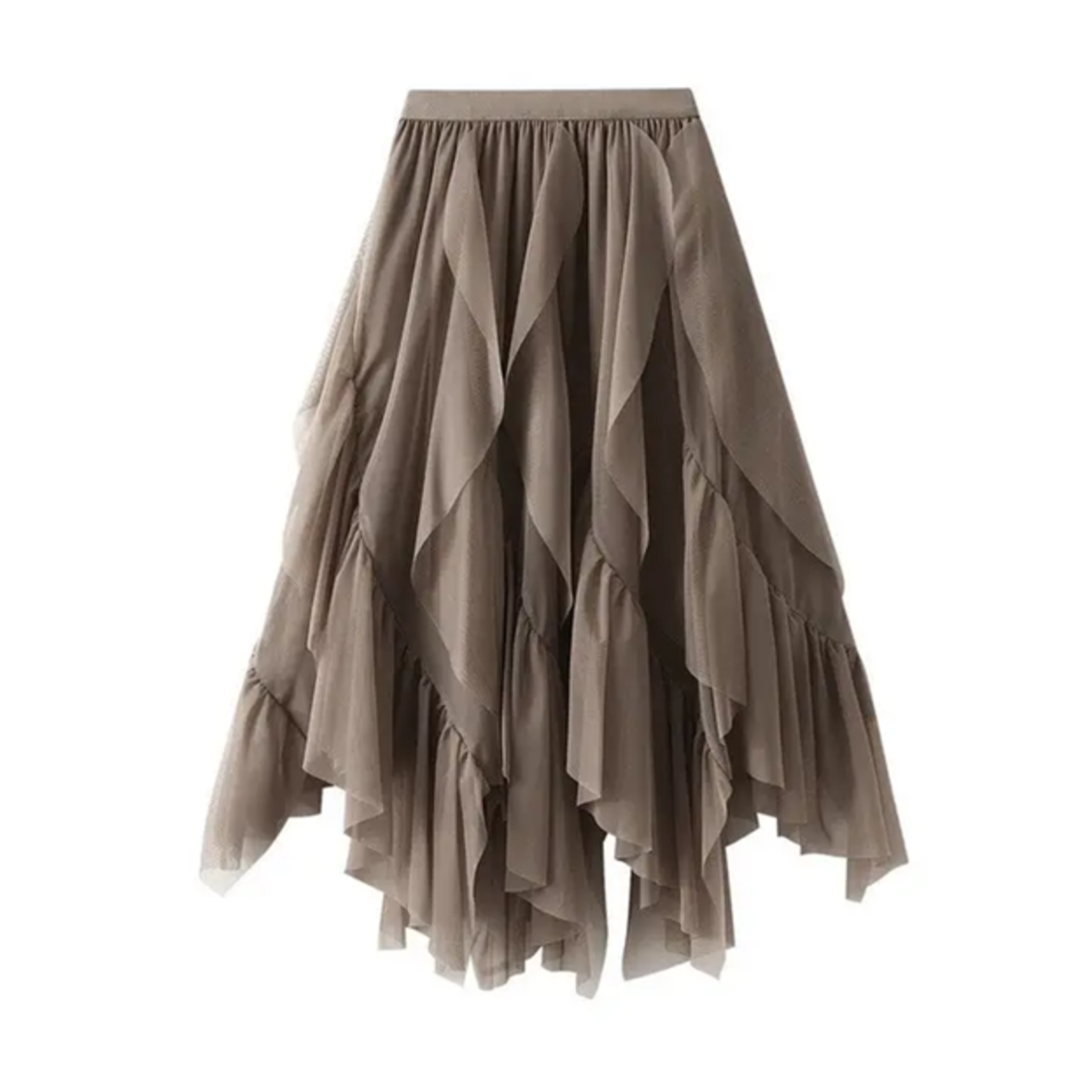 Elastic Waist Mesh Skirt w/ Irregular Ruffled Hem in Khaki