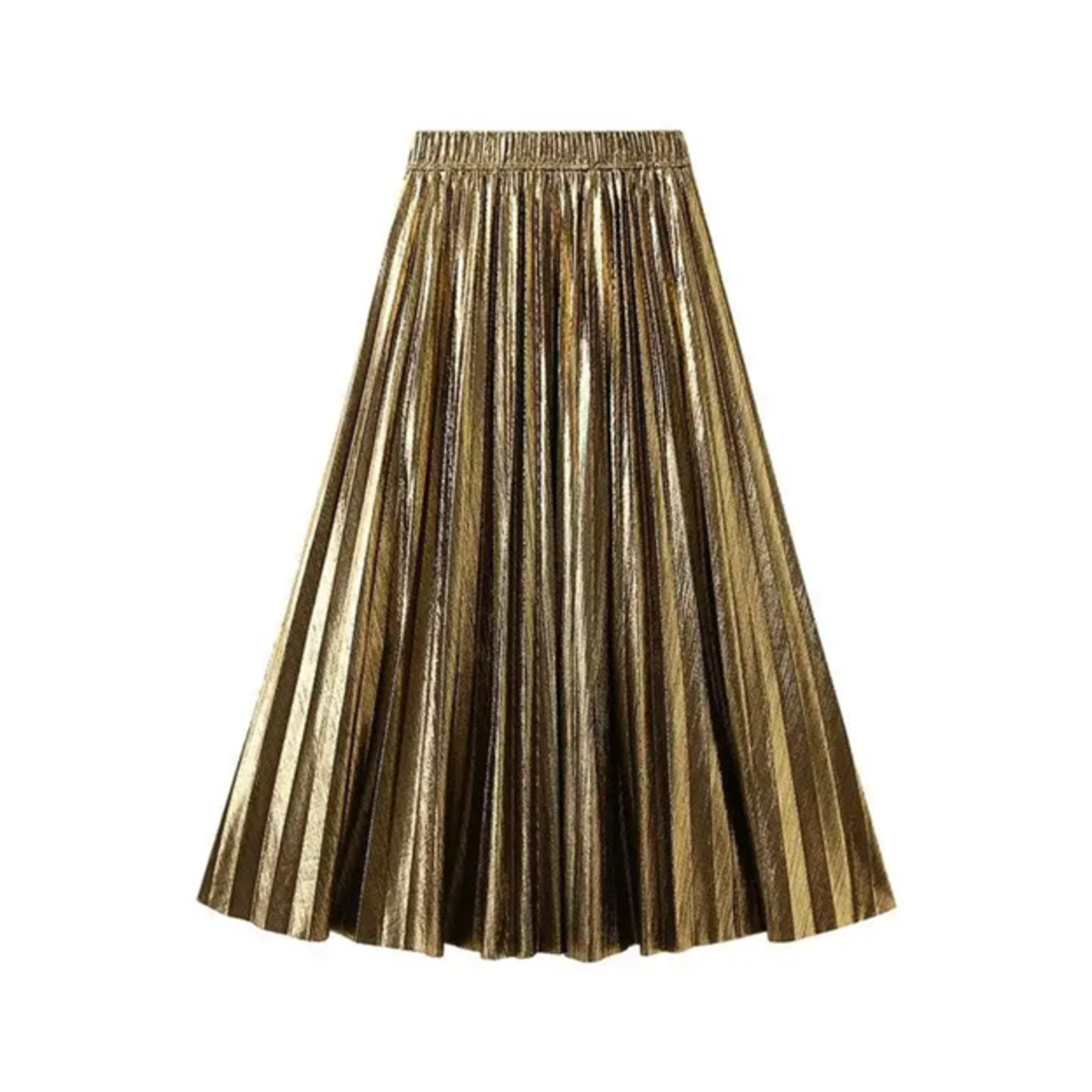 Metallic Pleated A-Line Skirt w/ Elastic Waist in Gold
