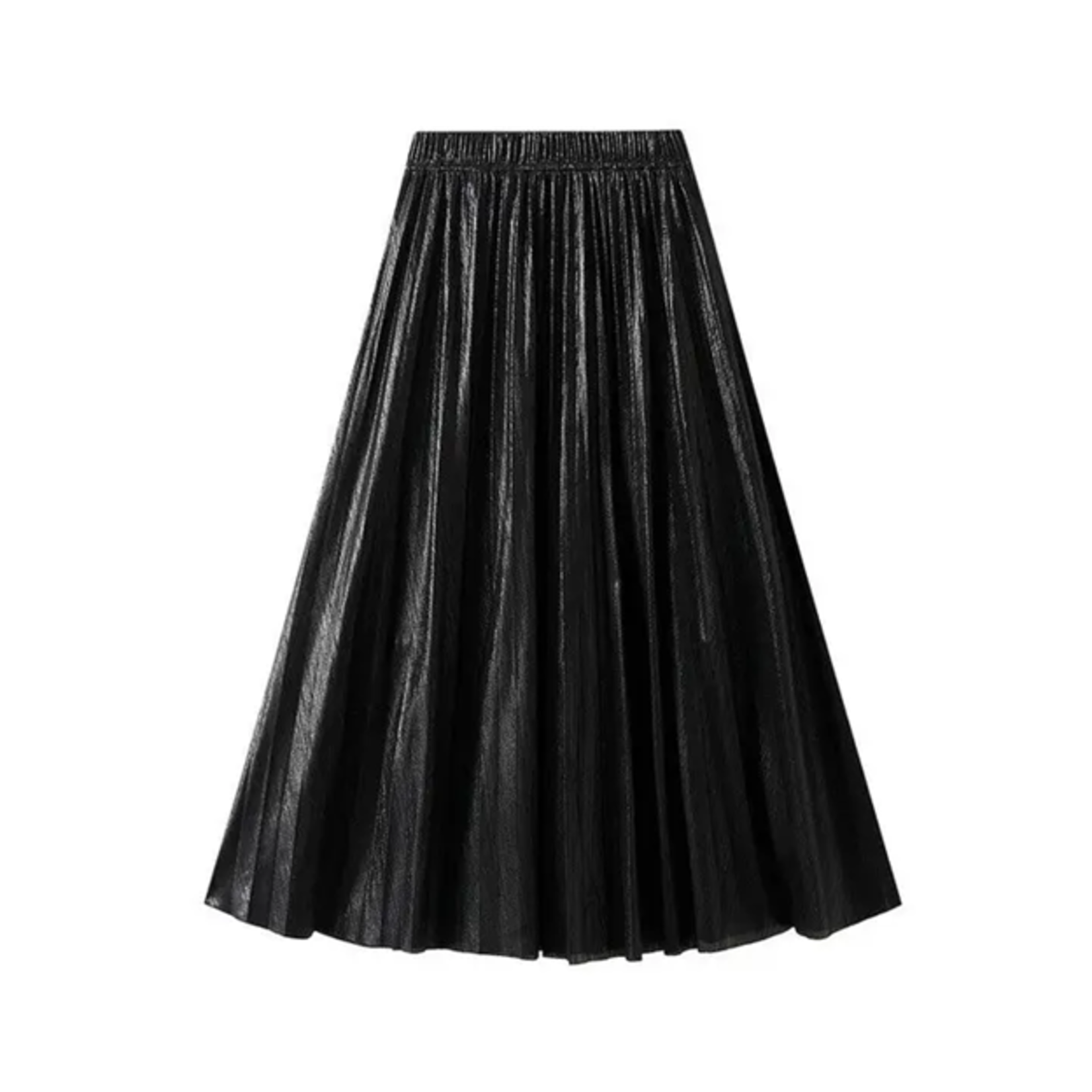 Metallic Pleated A-Line Skirt w/ Elastic Waist in Black