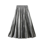 Metallic Pleated A-Line Skirt w/ Elastic Waist in Silvery