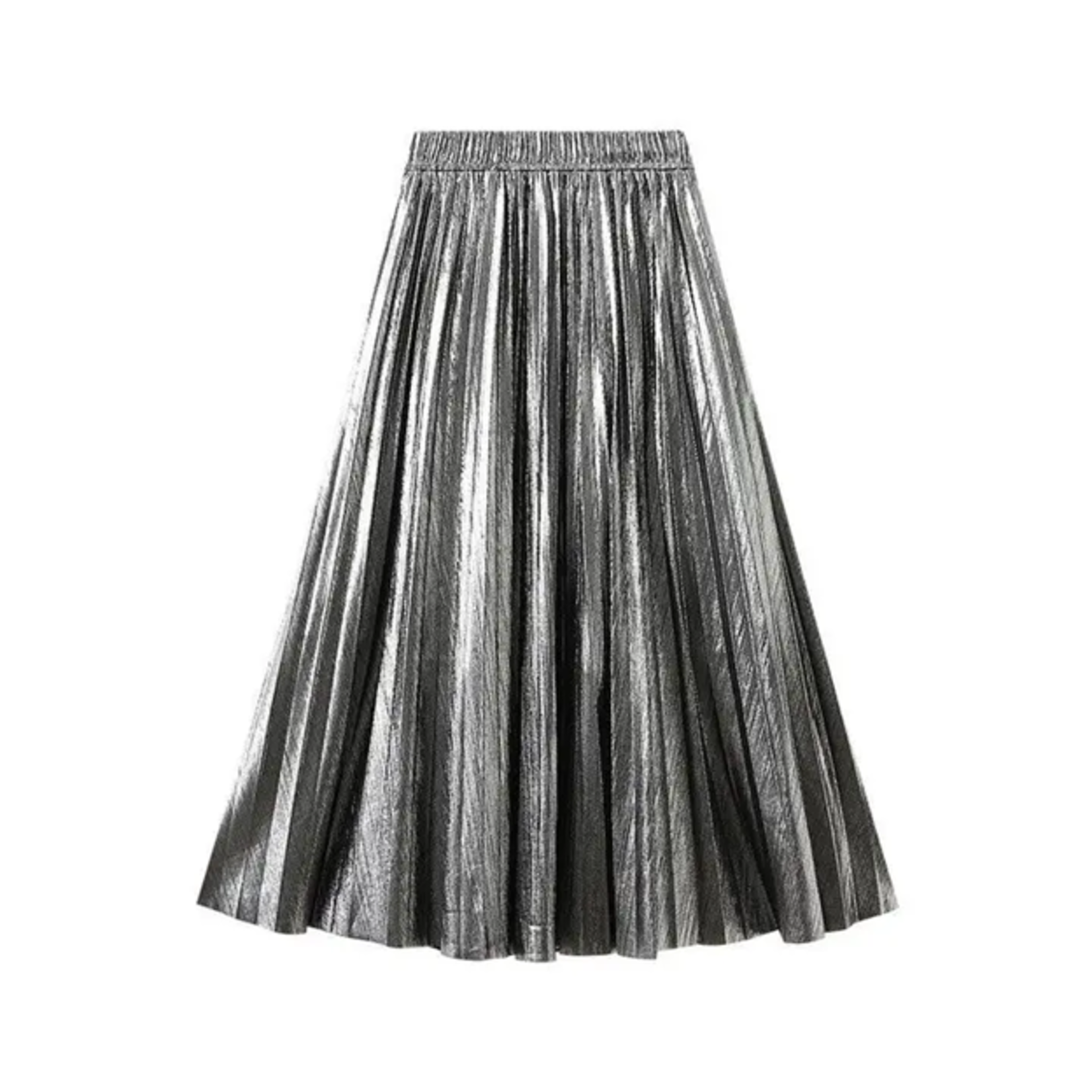 Metallic Pleated A-Line Skirt w/ Elastic Waist in Silvery