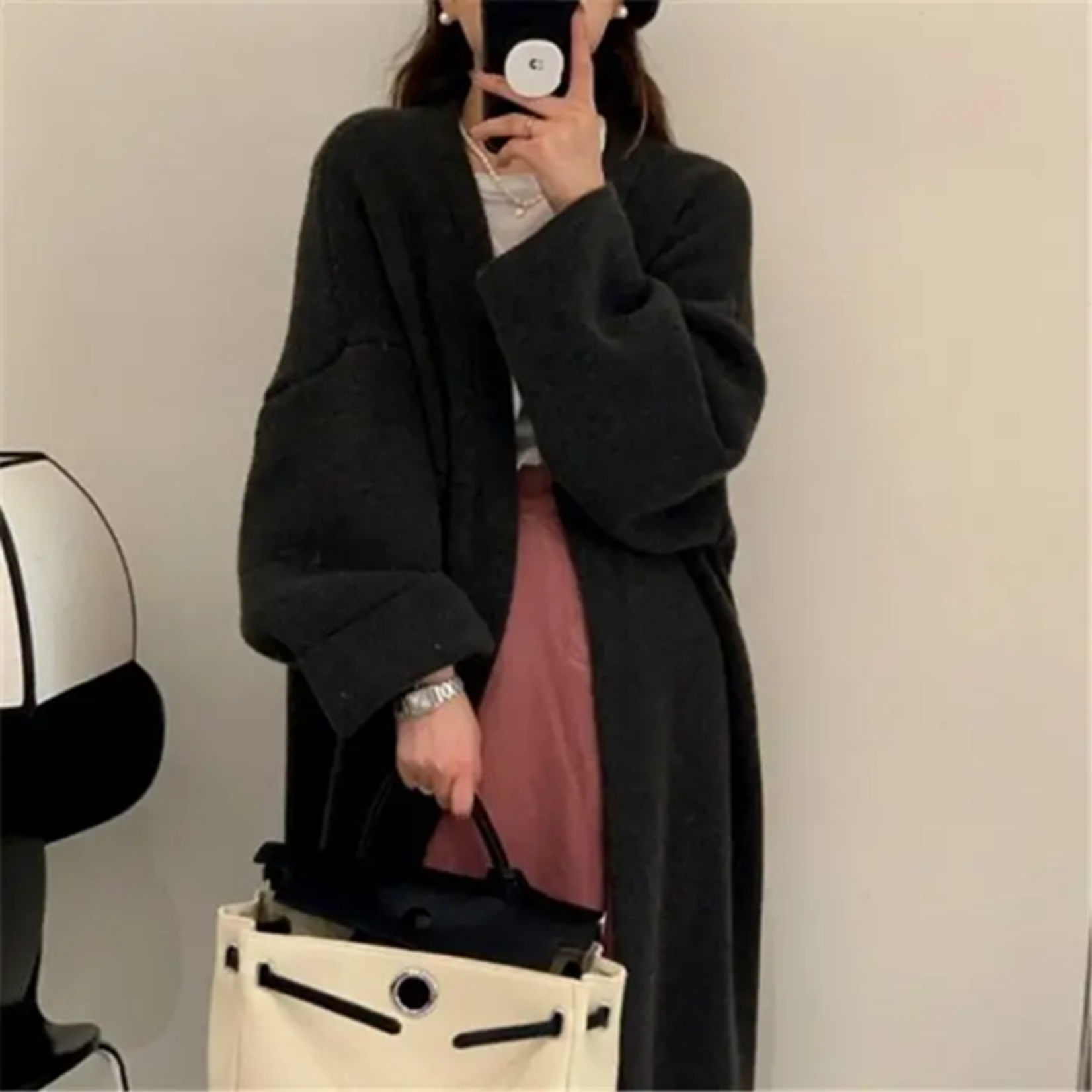Knee Length Knit Cardigan/Coat in Black OS