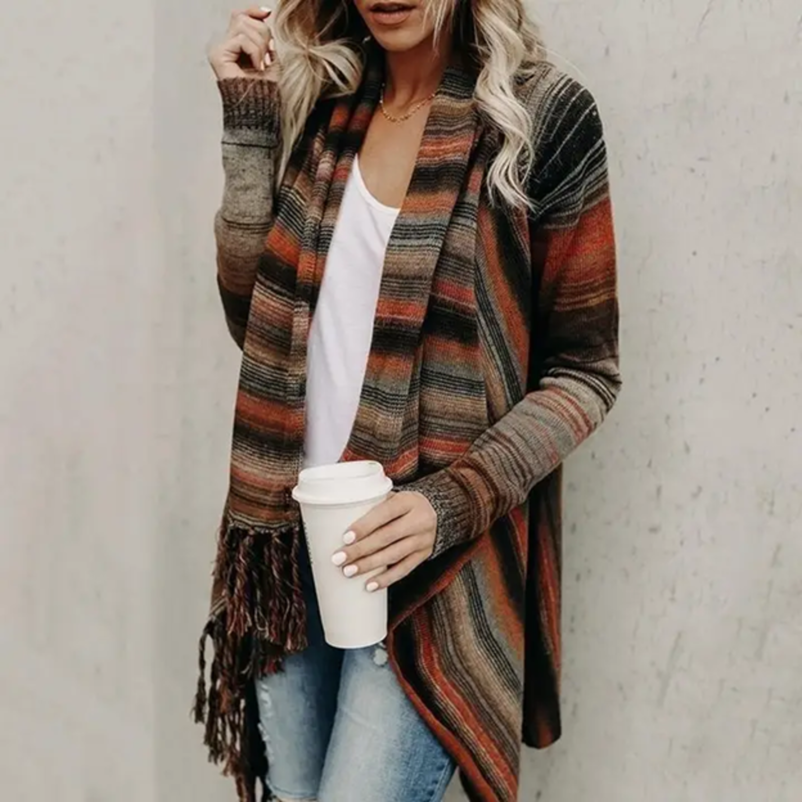 Fringed Ombre Striped Med Length Shawl in Multicolor