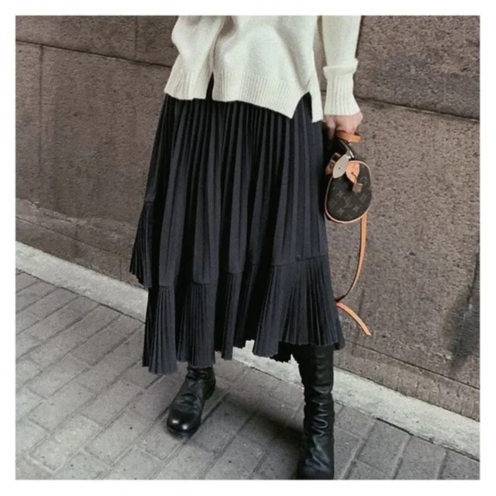 Irregular High Waisted Pleated Maxi Skirt in Black OS
