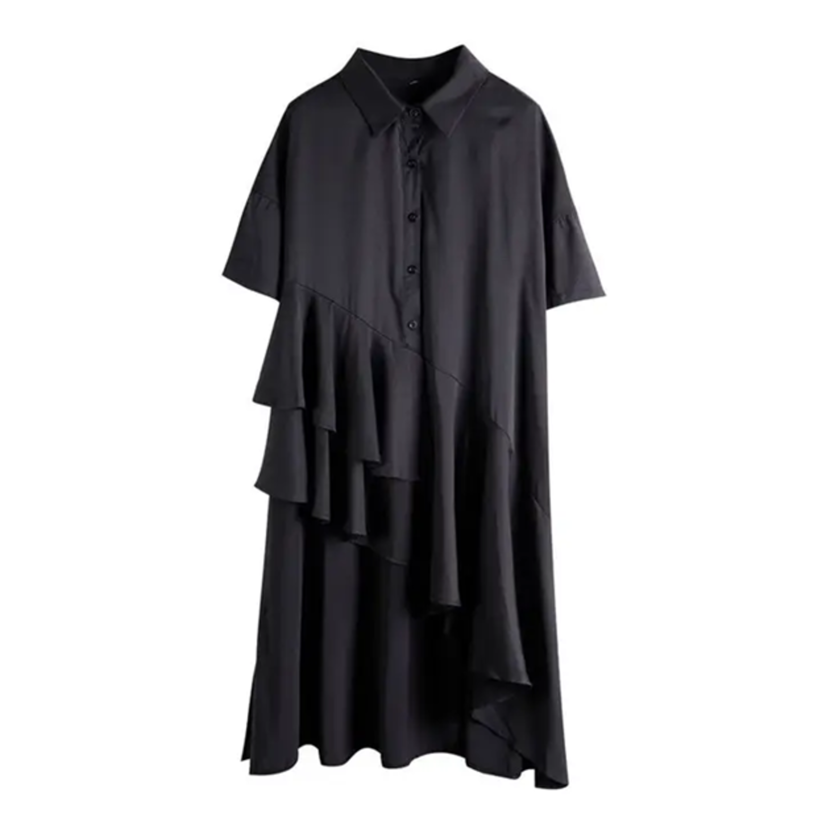 Stylish Short Slv Shirt w/ Irregular Ruffle Hem in Black OS