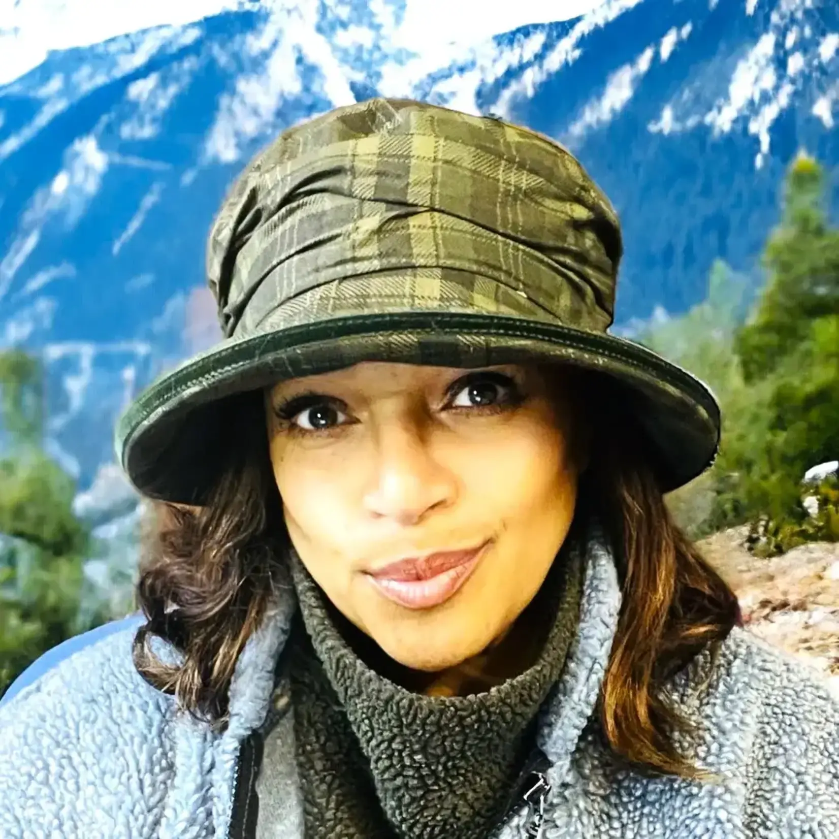 Peak & Brim Hats Bonnie Waterproof Wax Rain Hat, Green Tartan & Velvet Trim