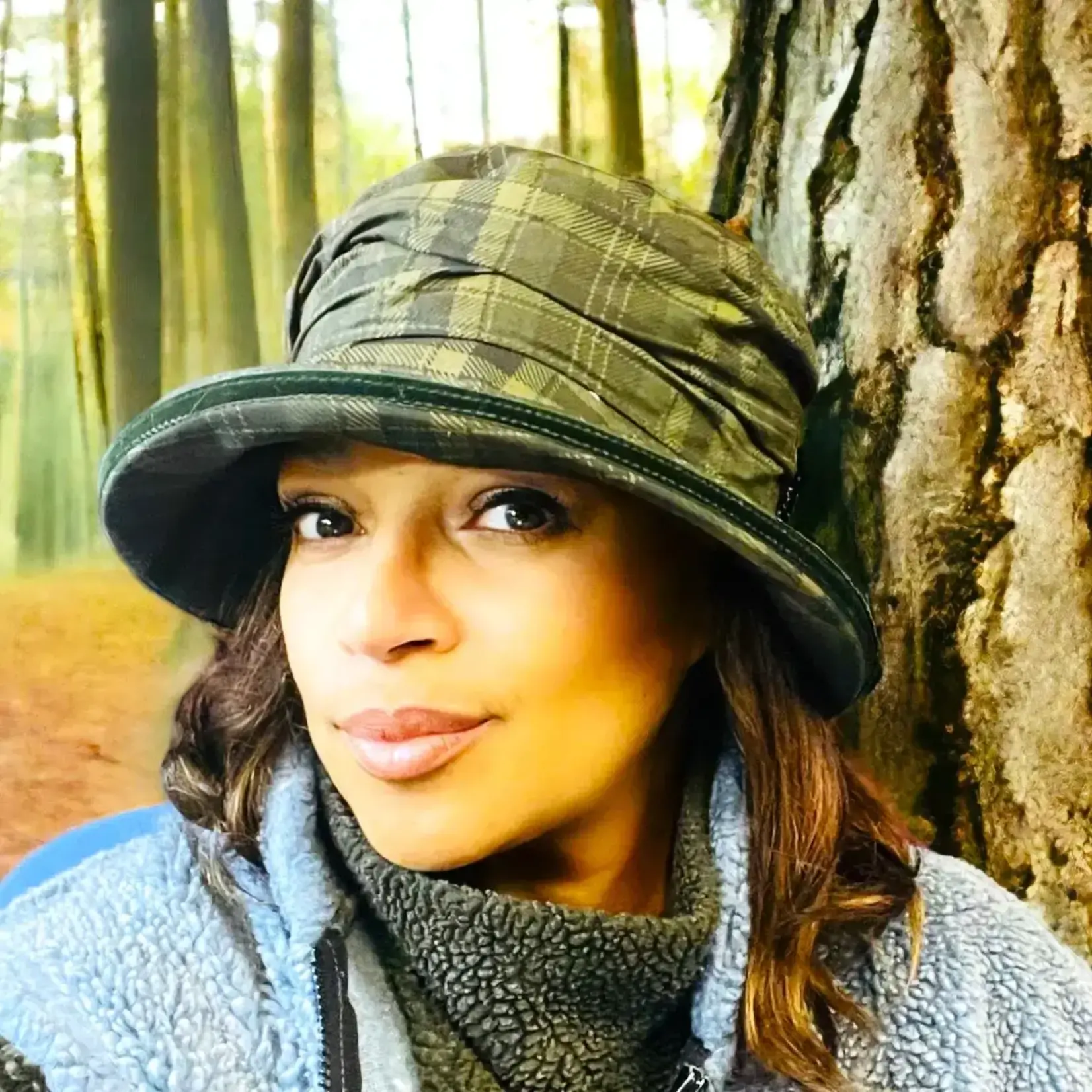 Peak & Brim Hats Bonnie Waterproof Wax Rain Hat, Green Tartan & Velvet Trim
