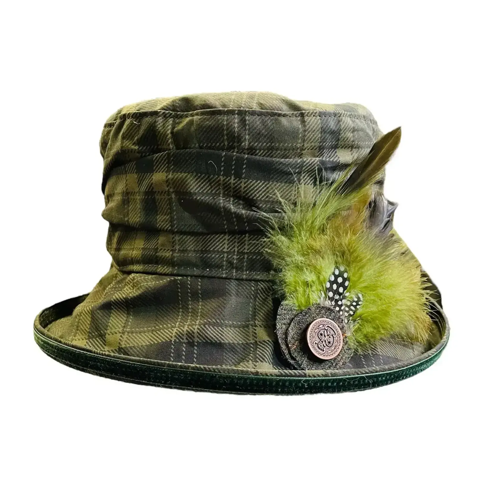 Peak & Brim Hats Bonnie Waterproof Wax Rain Hat, Green Tartan & Velvet Trim