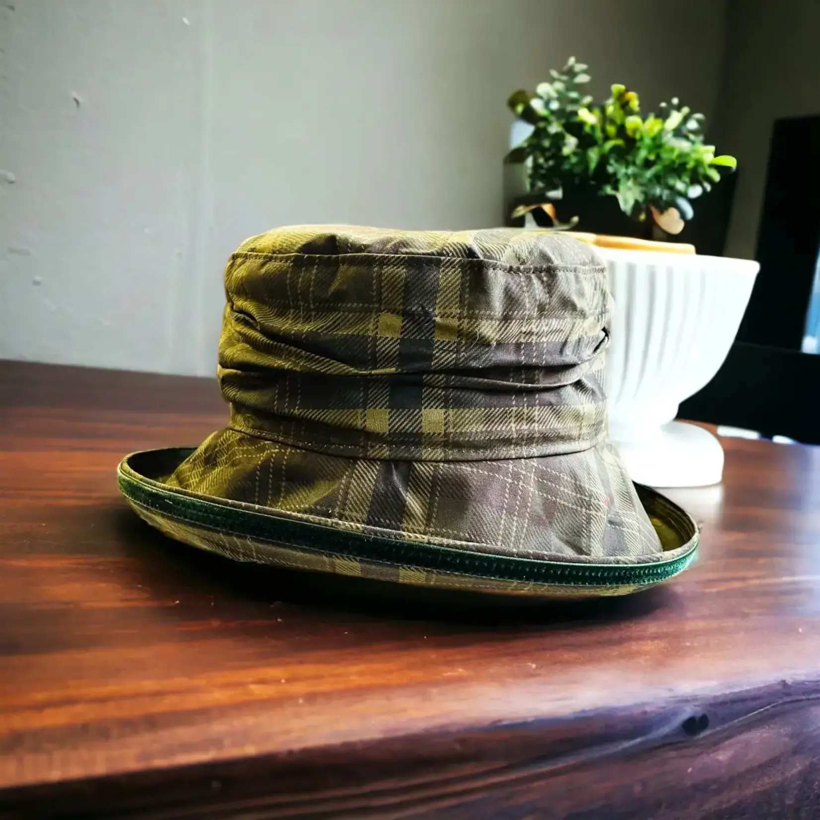 Peak & Brim Hats Bonnie Waterproof Wax Rain Hat, Green Tartan & Velvet Trim