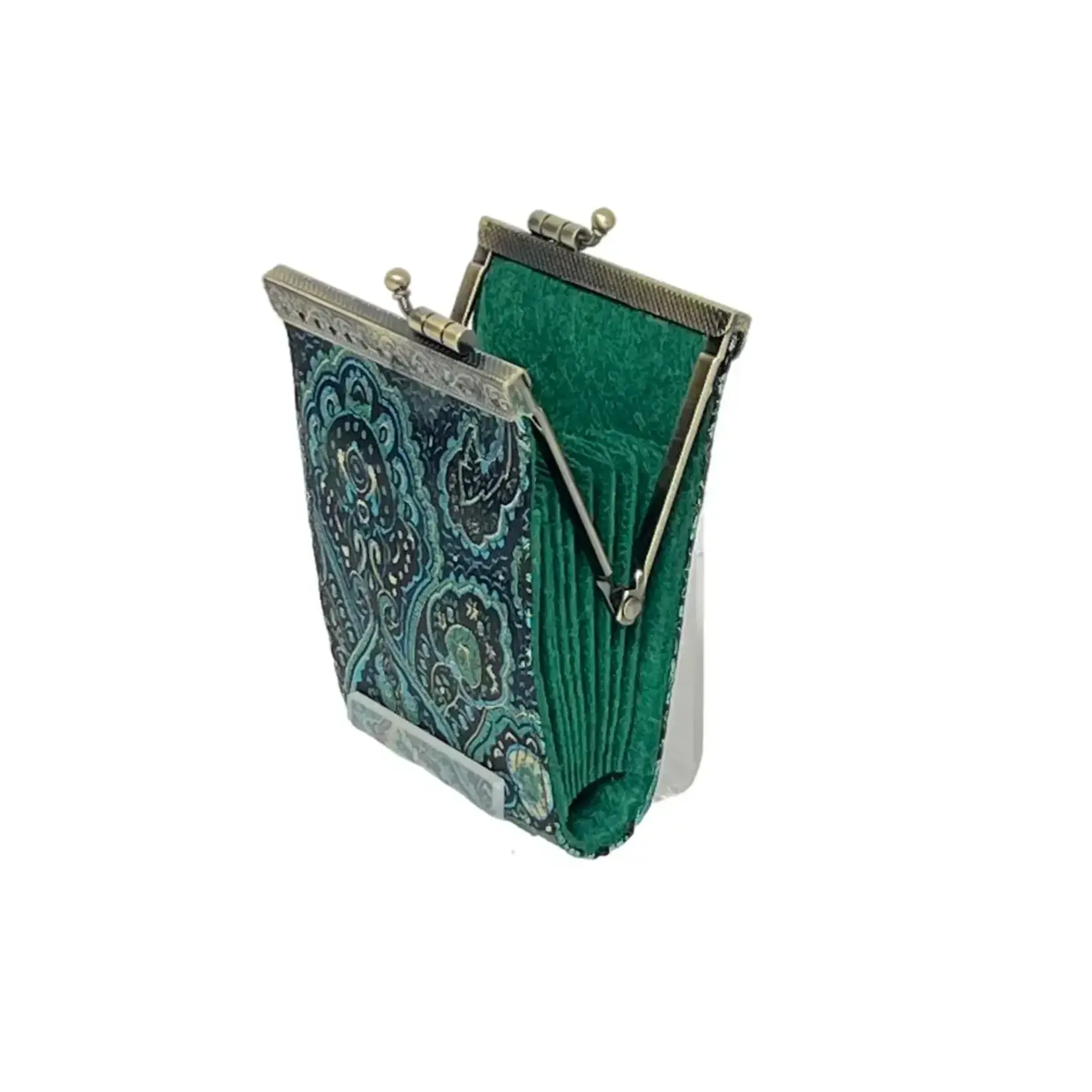 Cathayana Paisley Pattern Brocade Card Holder with Rfid Protection In Teal/Blk