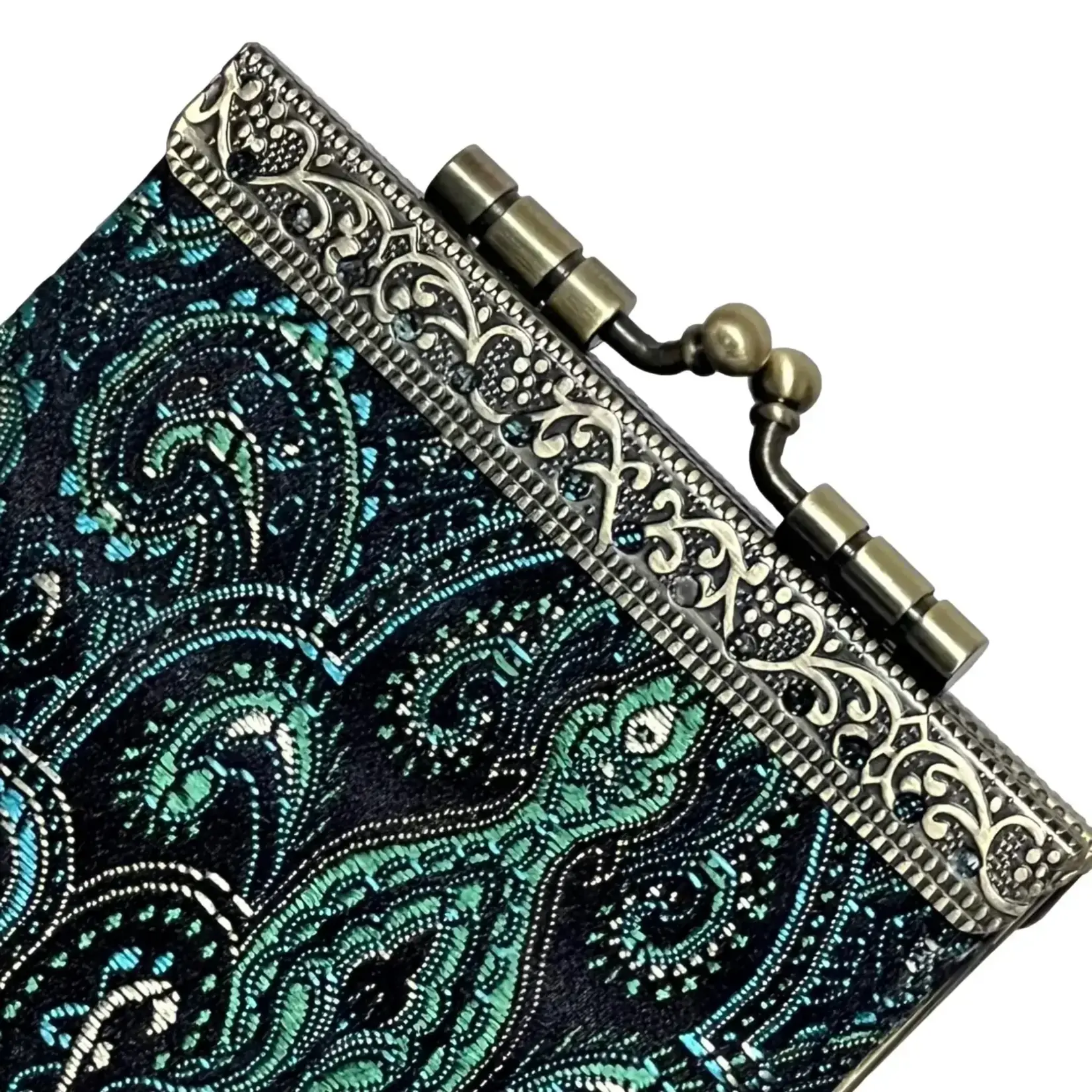 Cathayana Paisley Pattern Brocade Card Holder with Rfid Protection In Teal/Blk