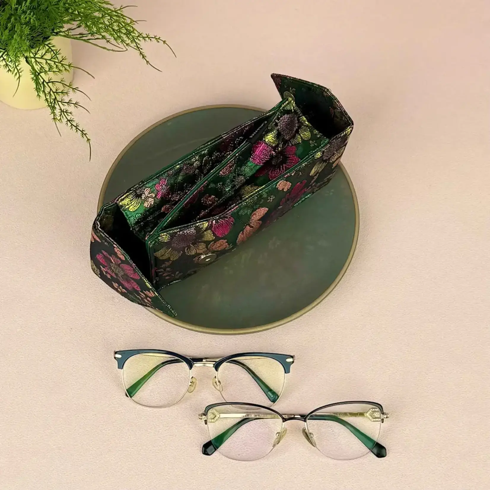 Cathayana Brocade Floral Double Eyeglasses Holder in Green & Pink