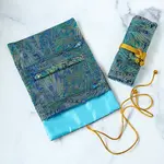 Cathayana Peacock Feather Brocade Jewelry Roll in Navy