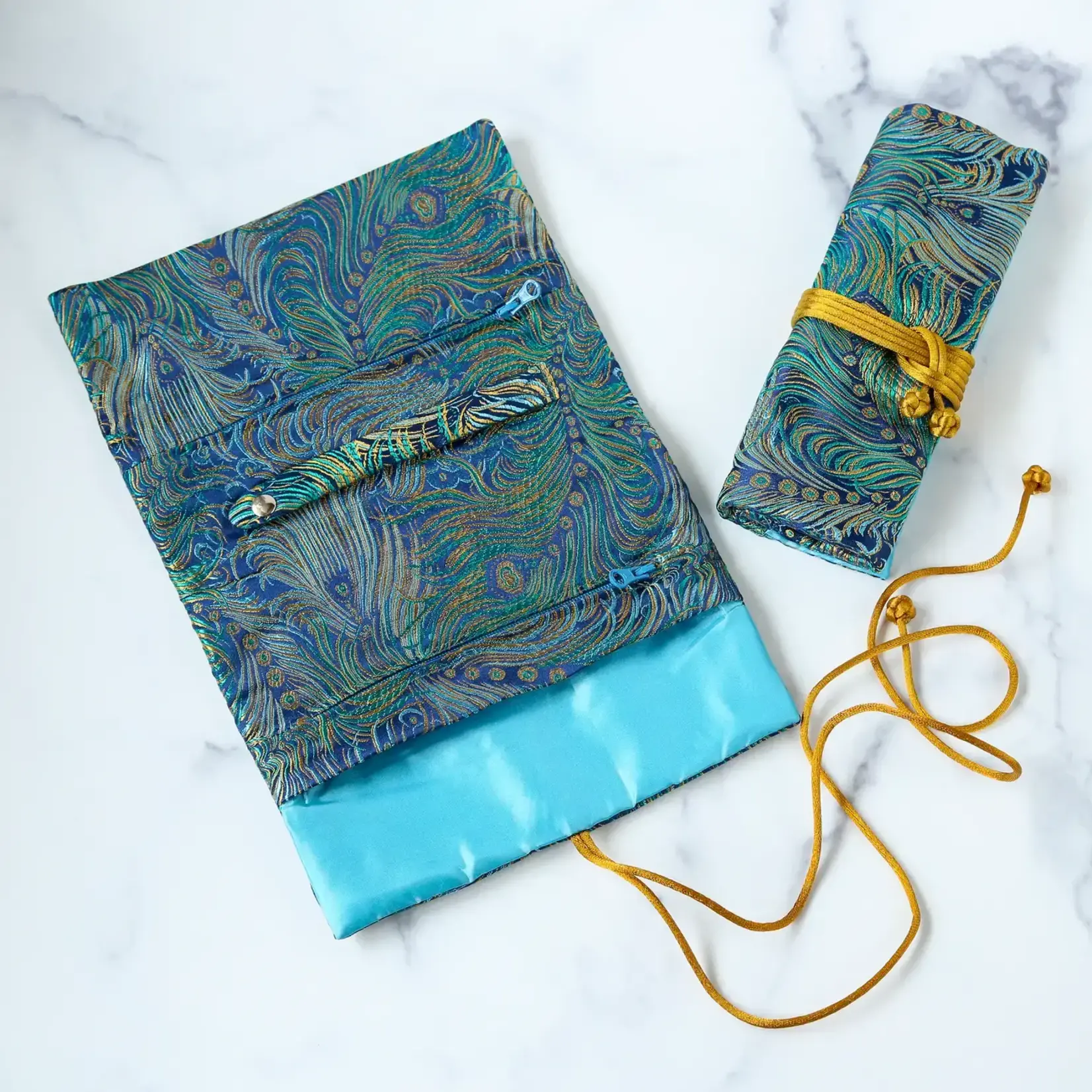 Cathayana Peacock Feather Brocade Jewelry Roll in Navy