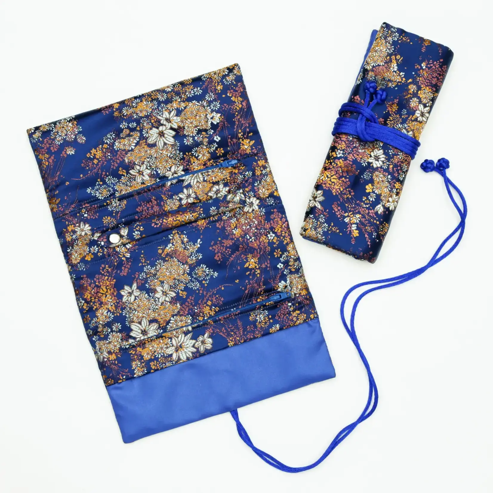 Cathayana Small Gold Floral Jewelry Roll in Dark Blue