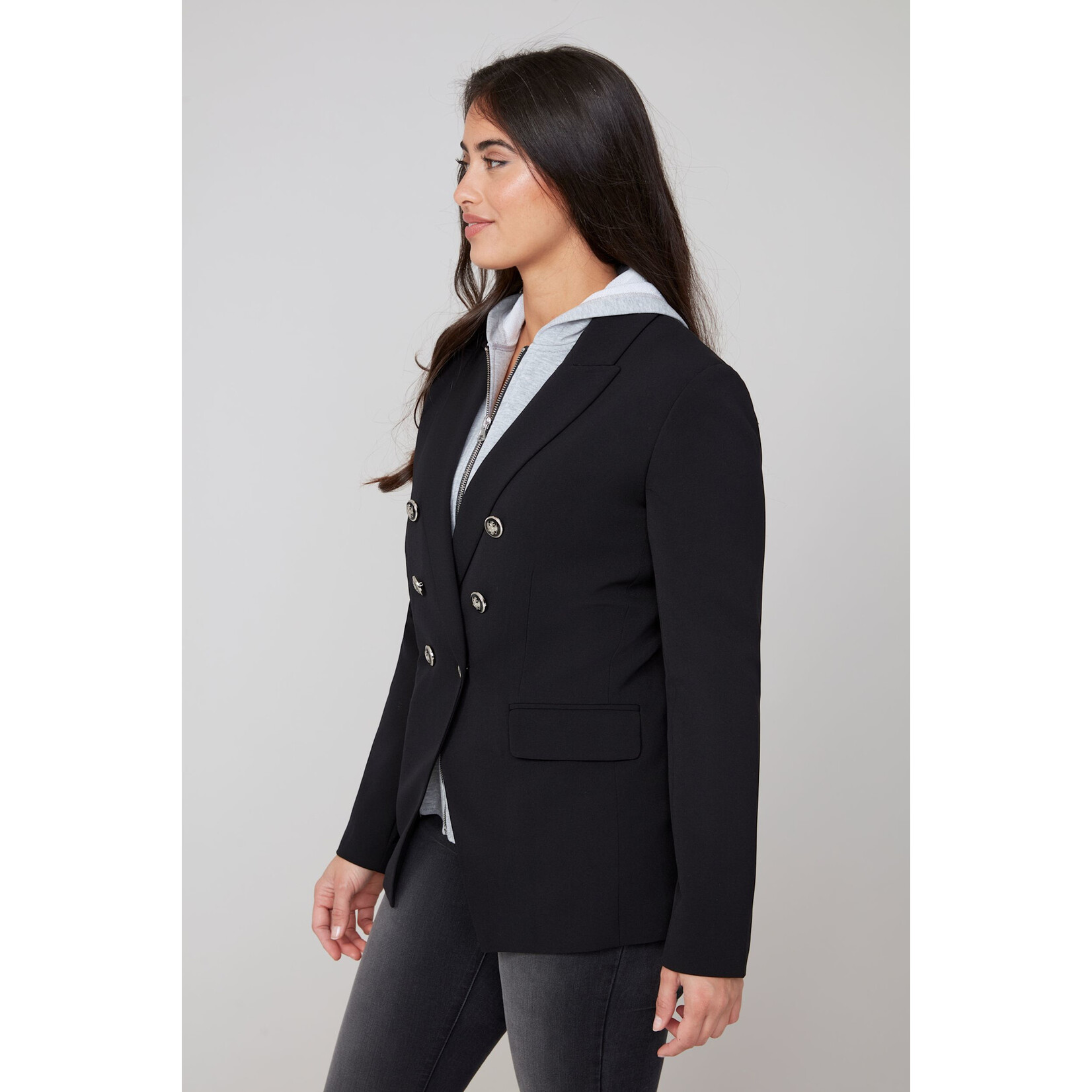 Woven Jacket w/ Removable Hoodie in Black/Grey