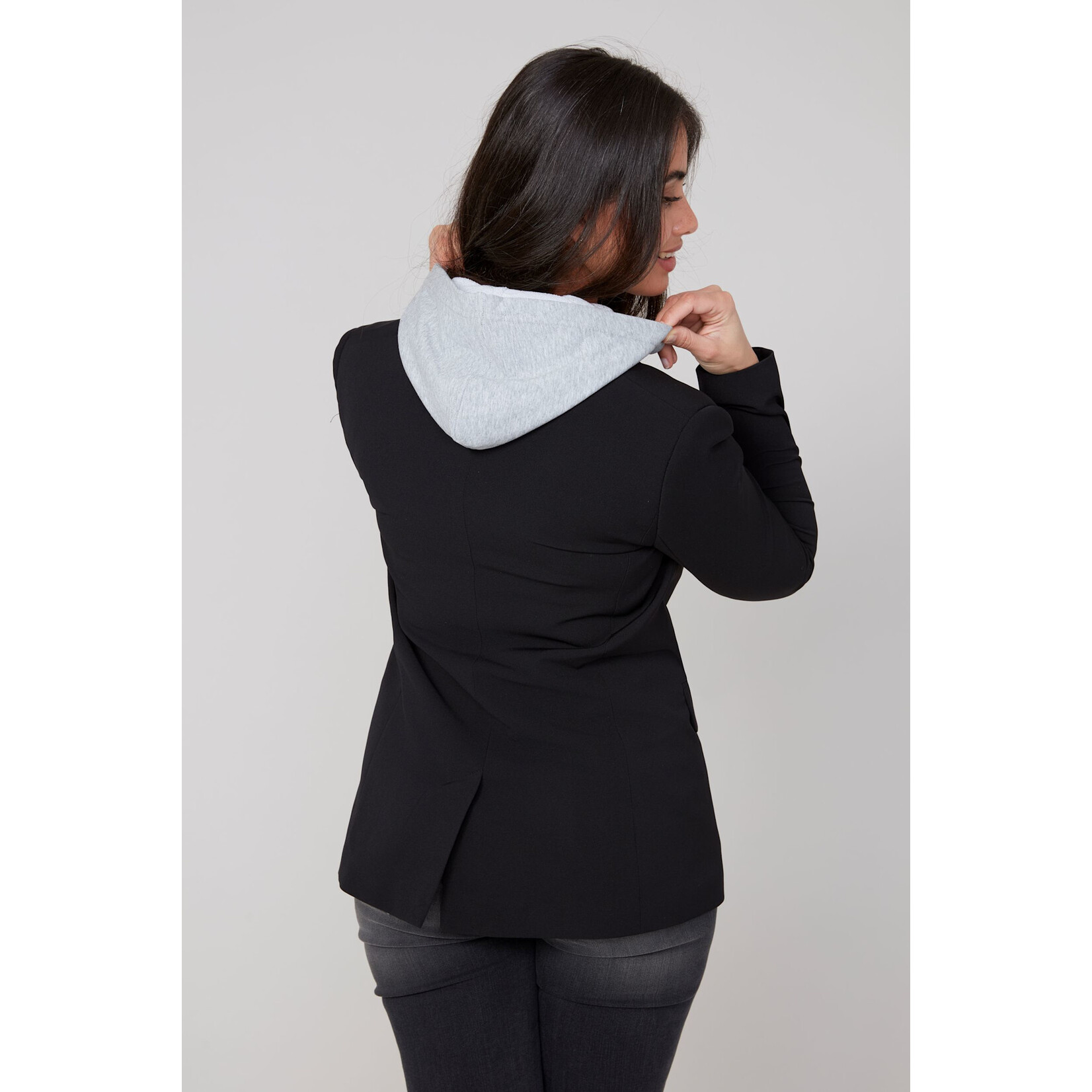 Woven Jacket w/ Removable Hoodie in Black/Grey