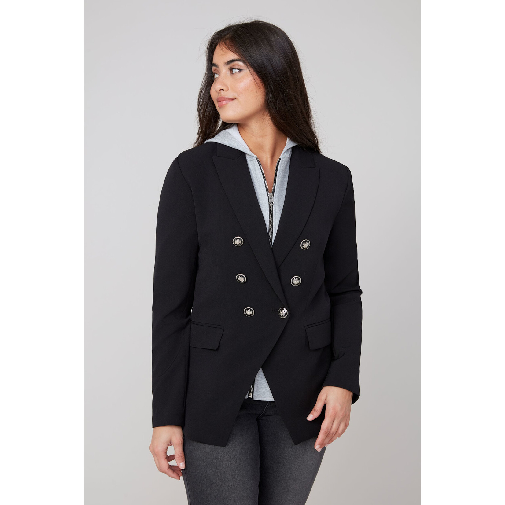 Woven Jacket w/ Removable Hoodie in Black/Grey