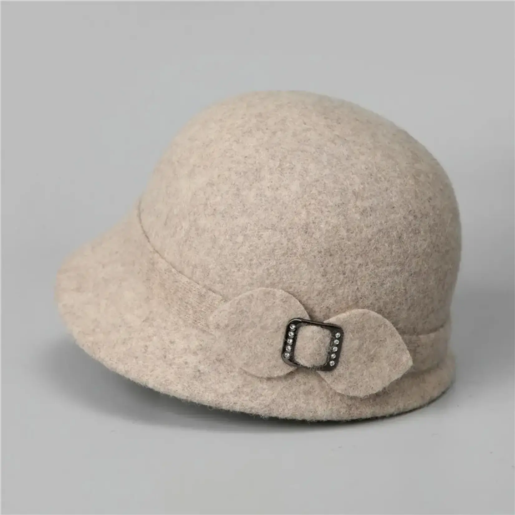 Beige 100% Wool Cloche Hat w/Buckle