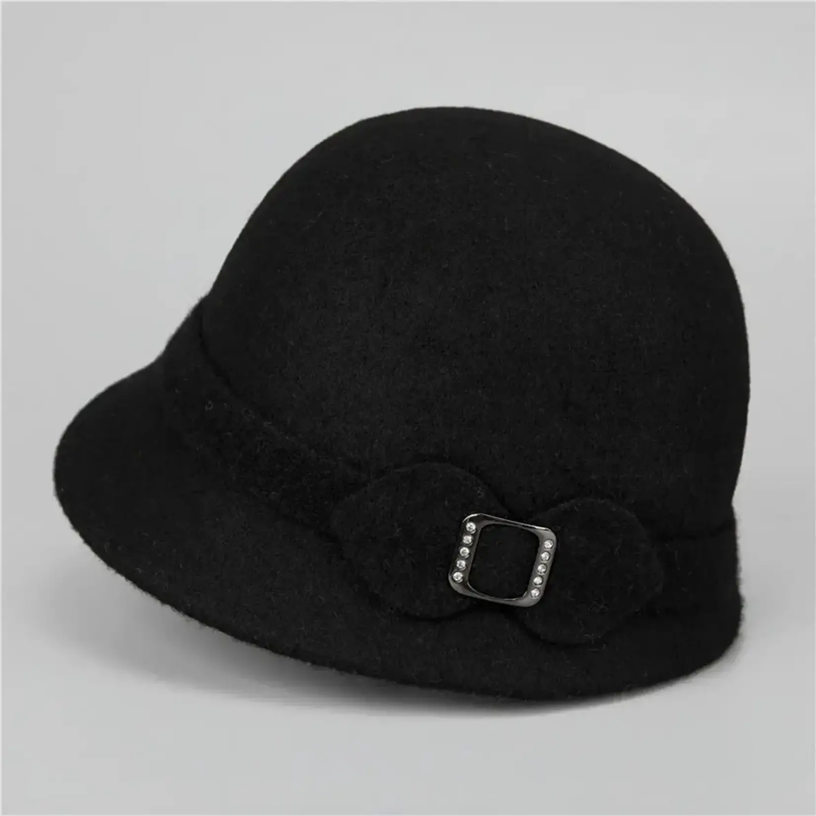 Black 100% Wool Cloche Hat w/Buckle