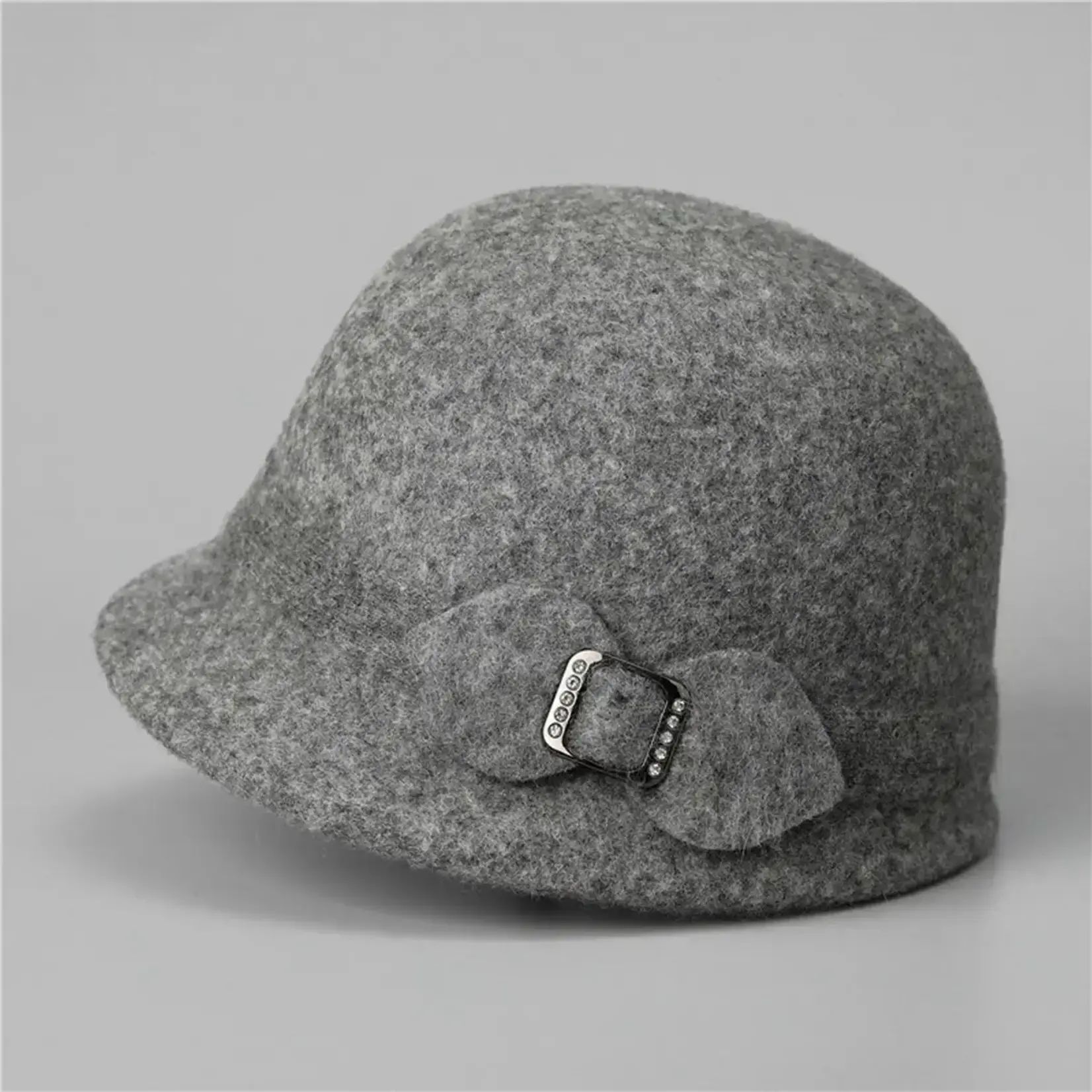 Grey 100% Wool Cloche Hat w/Buckle
