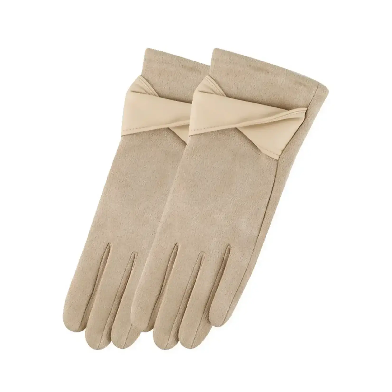 Faux Suede Beige Texting Gloves w/Crisscross Wrist Trim