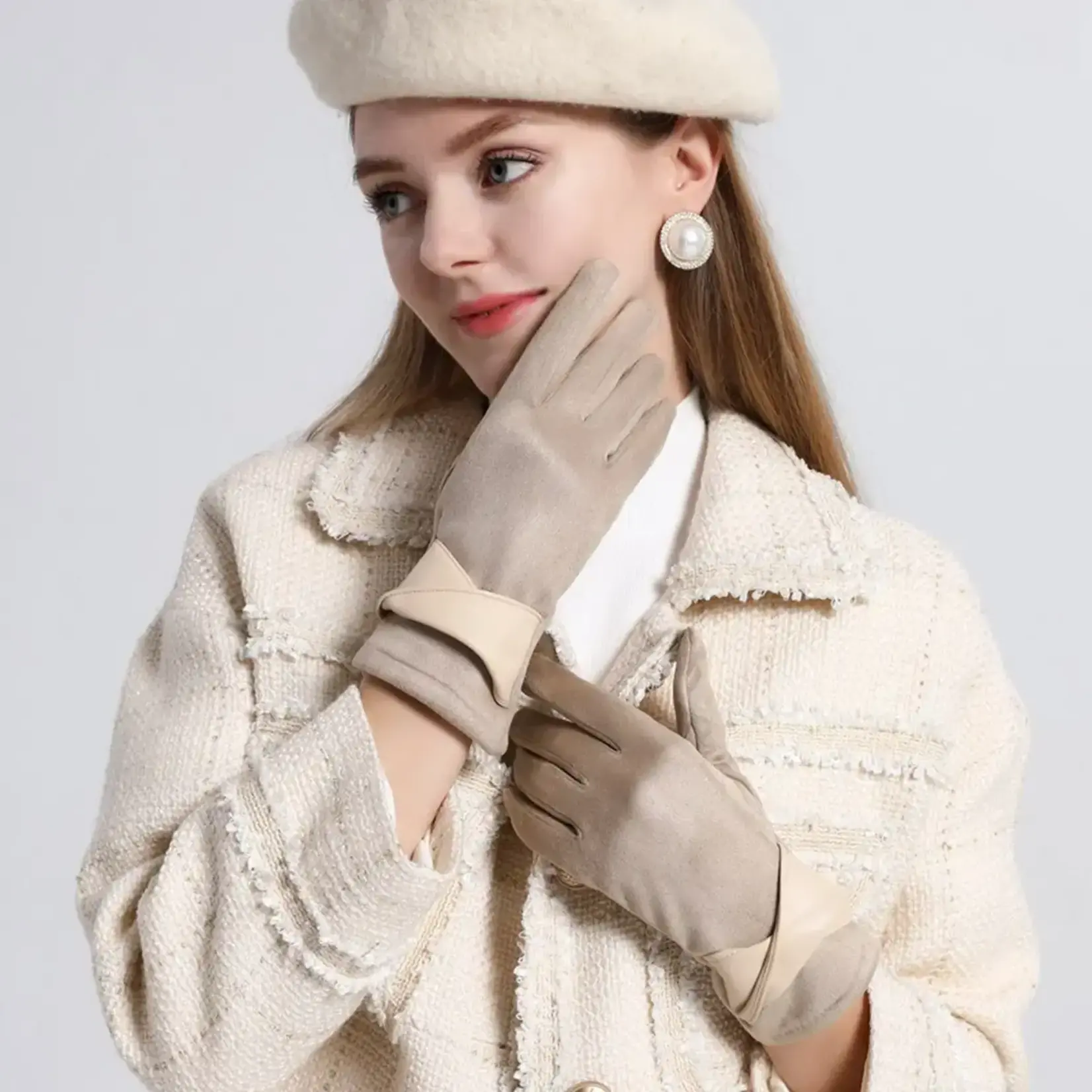 Faux Suede Beige Texting Gloves w/Crisscross Wrist Trim