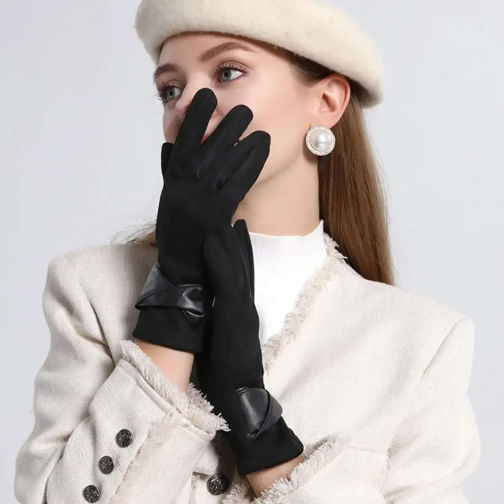 Faux Suede Black Texting Gloves w/Crisscross Wrist Trim