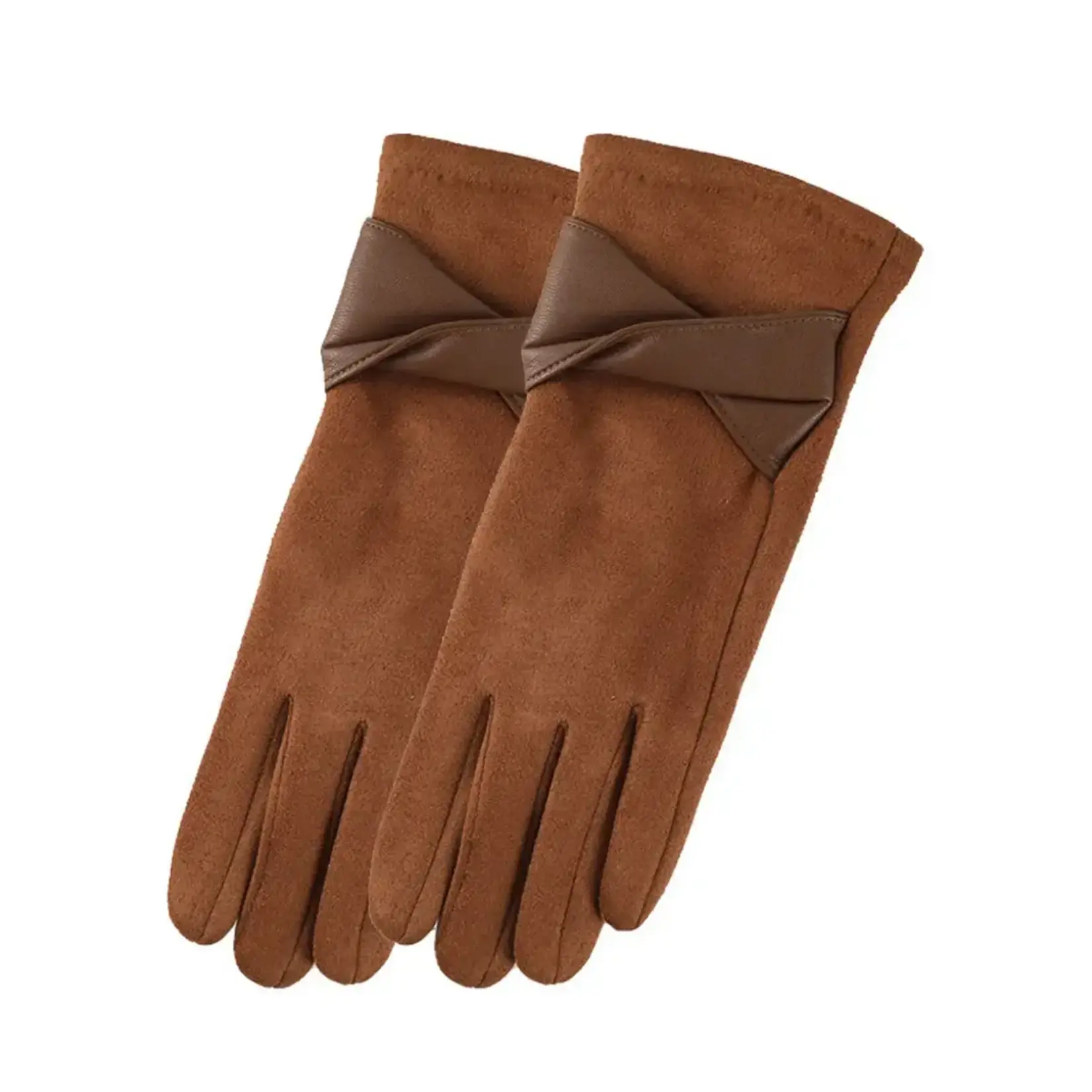 Faux Suede Brown Texting Gloves w/Crisscross Wrist Trim