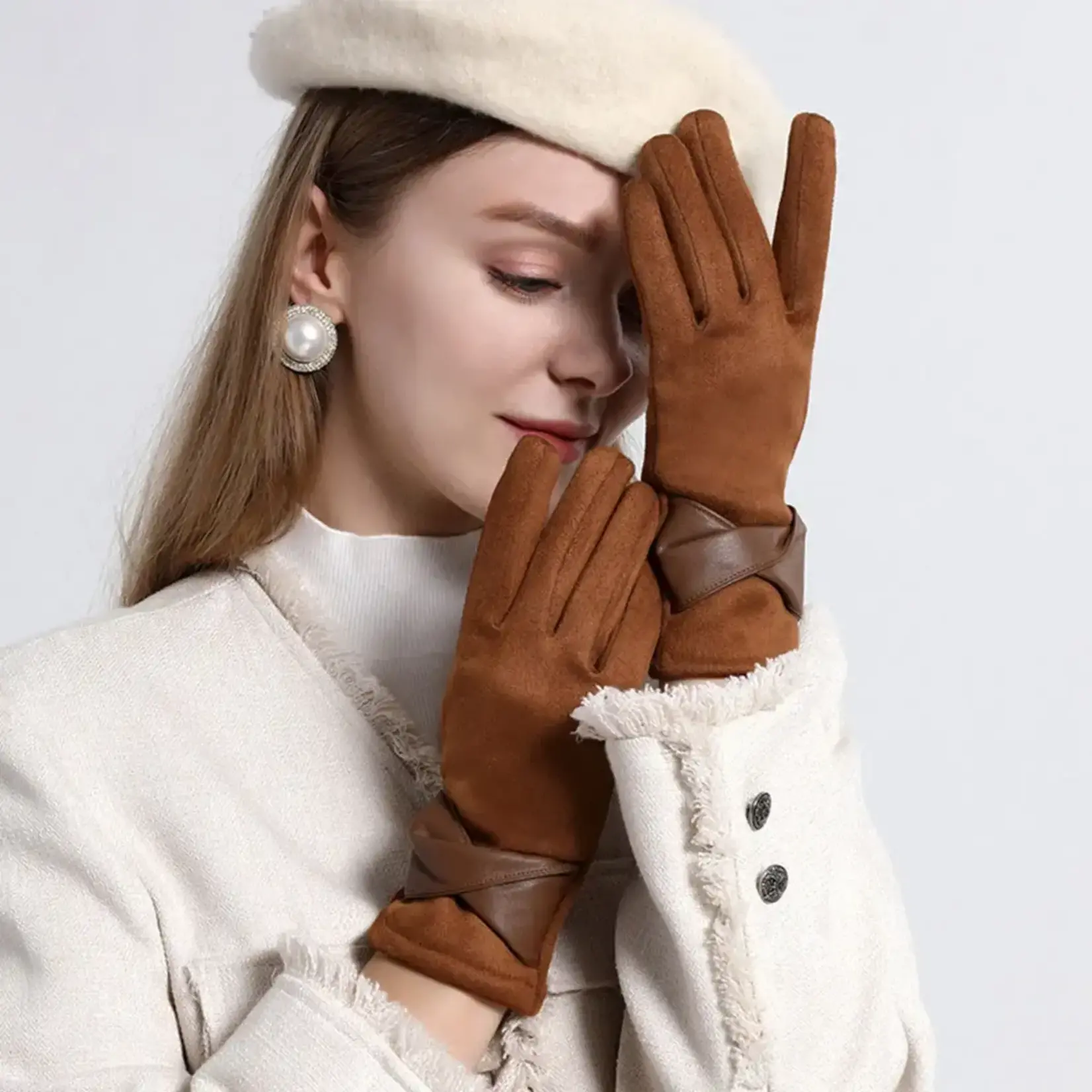 Faux Suede Brown Texting Gloves w/Crisscross Wrist Trim