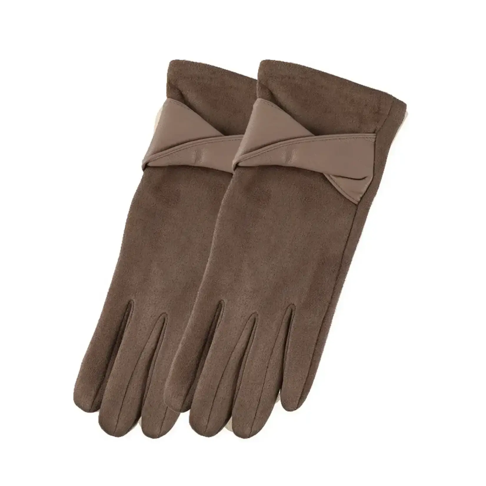 Faux Suede Coffee Texting Gloves w/Crisscross Wrist Trim