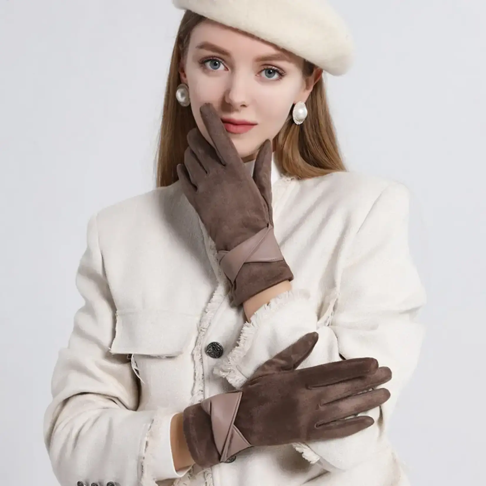 Faux Suede Coffee Texting Gloves w/Crisscross Wrist Trim