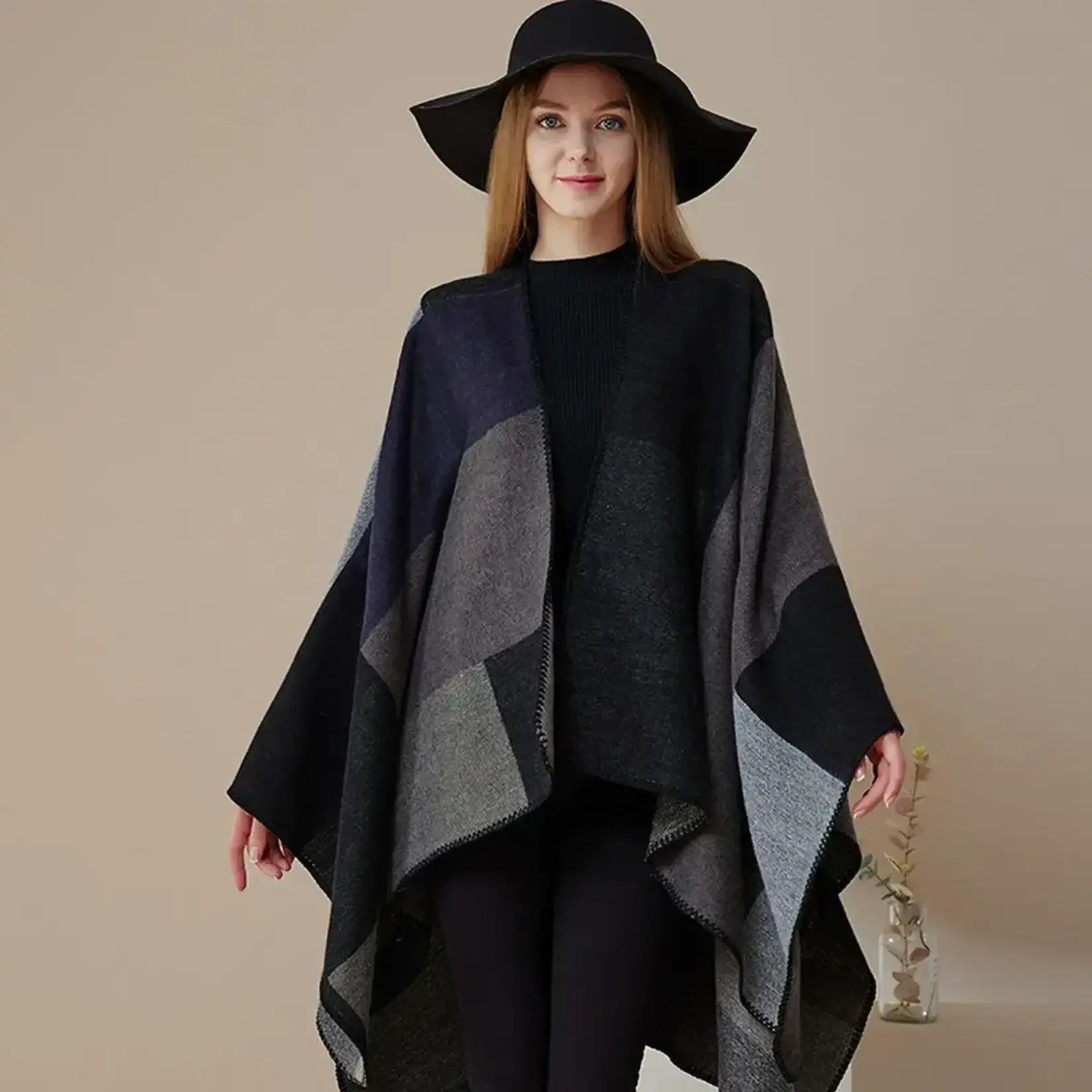 Plaid Faux Cashmere Ruana in Black/Grey