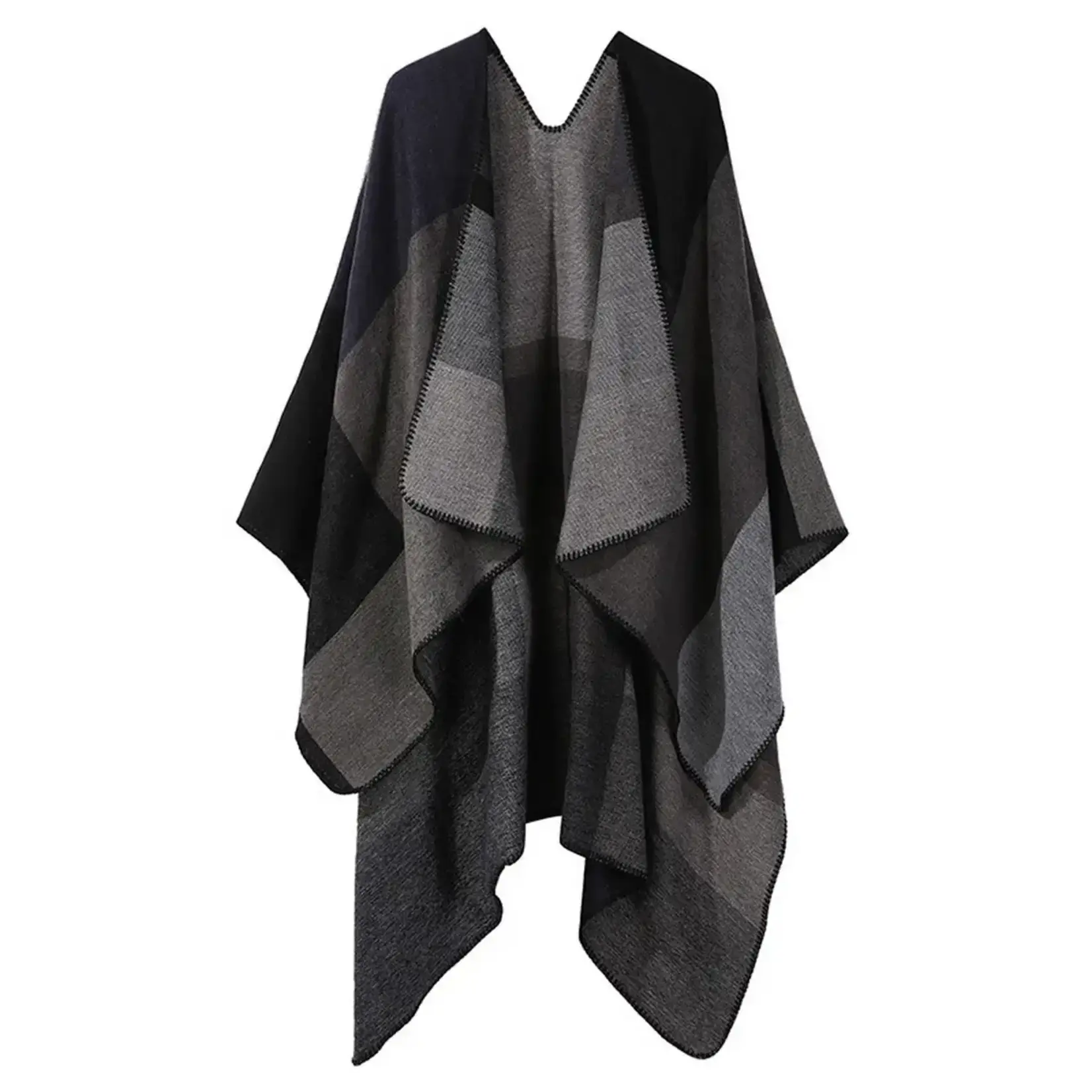 Plaid Faux Cashmere Ruana in Black/Grey