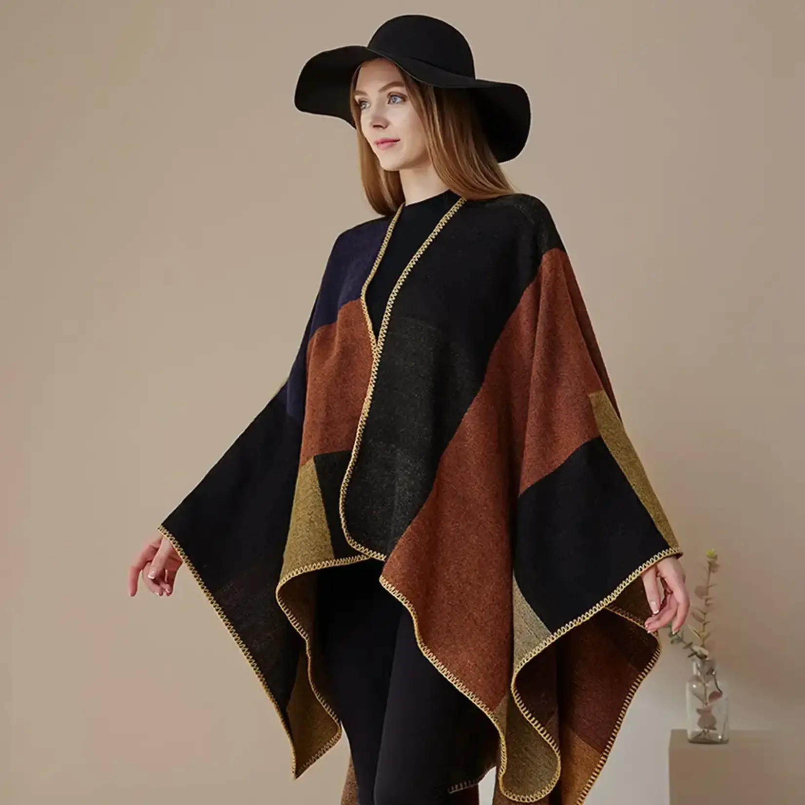 Plaid Faux Cashmere Ruana in Khaki/Black