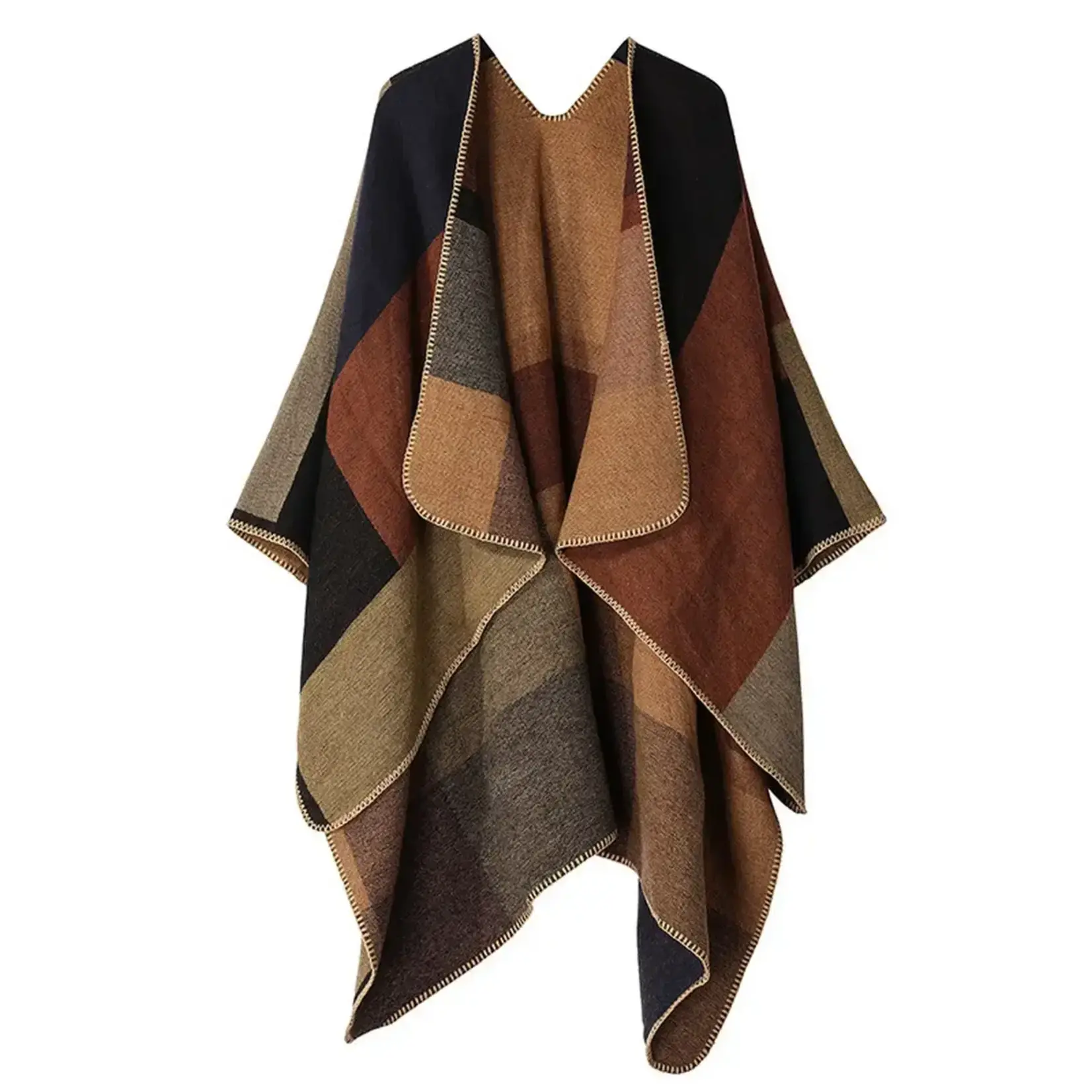 Plaid Faux Cashmere Ruana in Khaki/Black